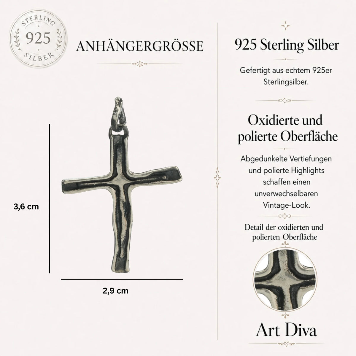 Kreuz-Anhänger für Damen aus 925er Silber – handgefertigt mit oxidierter Oberfläche im Boho-Rustik-Stil | Art Diva