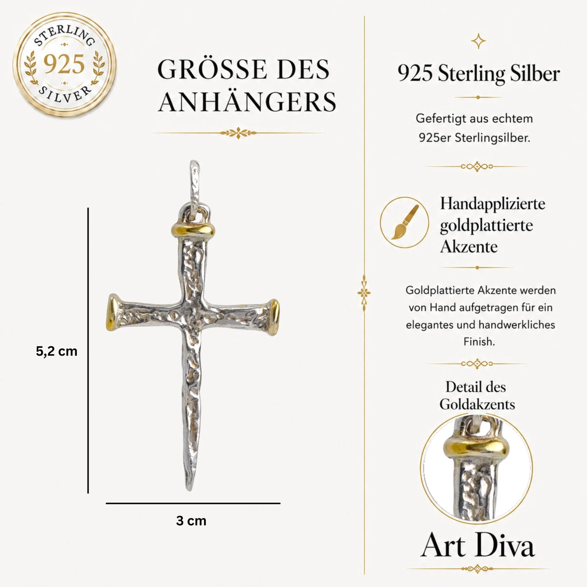 Kreuz-Anhänger für Herren aus 925er Silber mit goldfarbenen Akzenten – Boho- und rustikales Design | Art Diva