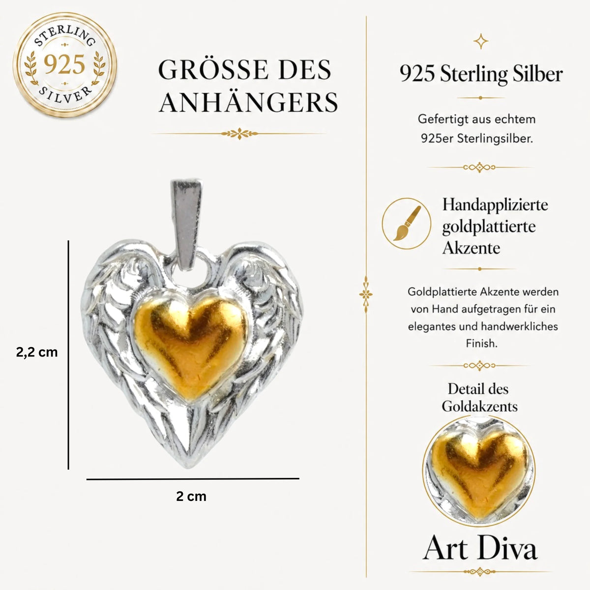 „Herz mit Engelsflügeln“-Anhänger aus 925er Silber mit goldfarbenem Akzent – handgefertigter Talisman für Schutz und Liebe im Boho-, Kunst- und rustikalen Stil | Art Diva