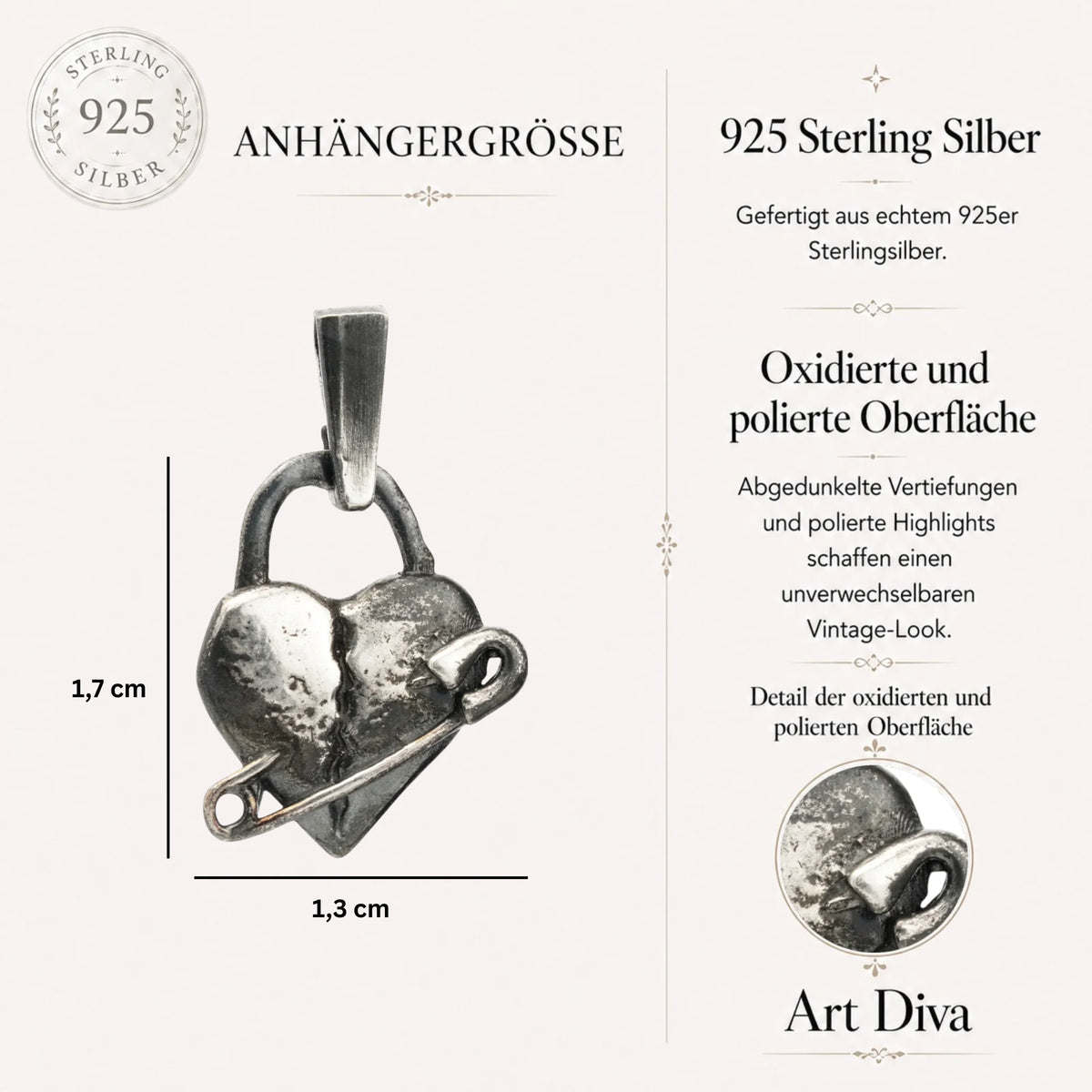 „Geflicktes Herz“-Anhänger aus 925er Silber mit Sicherheitsnadel – Symbol für erlebten Schmerz und bleibende emotionale Spuren, oxidierter Skulpturenschmuck im Boho- und rustikalen Stil | Art Diva