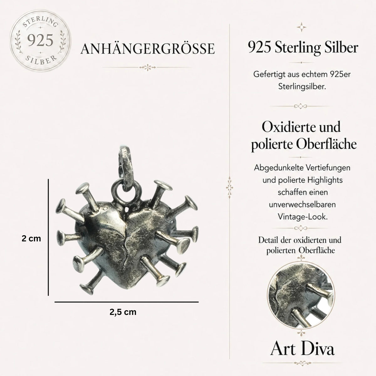 „Herz mit Nägeln“-Anhänger aus 925er Silber – Symbol für Schmerz, Stärke und erlebte Liebe, Skulpturenschmuck im Boho- und rustikalen Stil | Art Diva