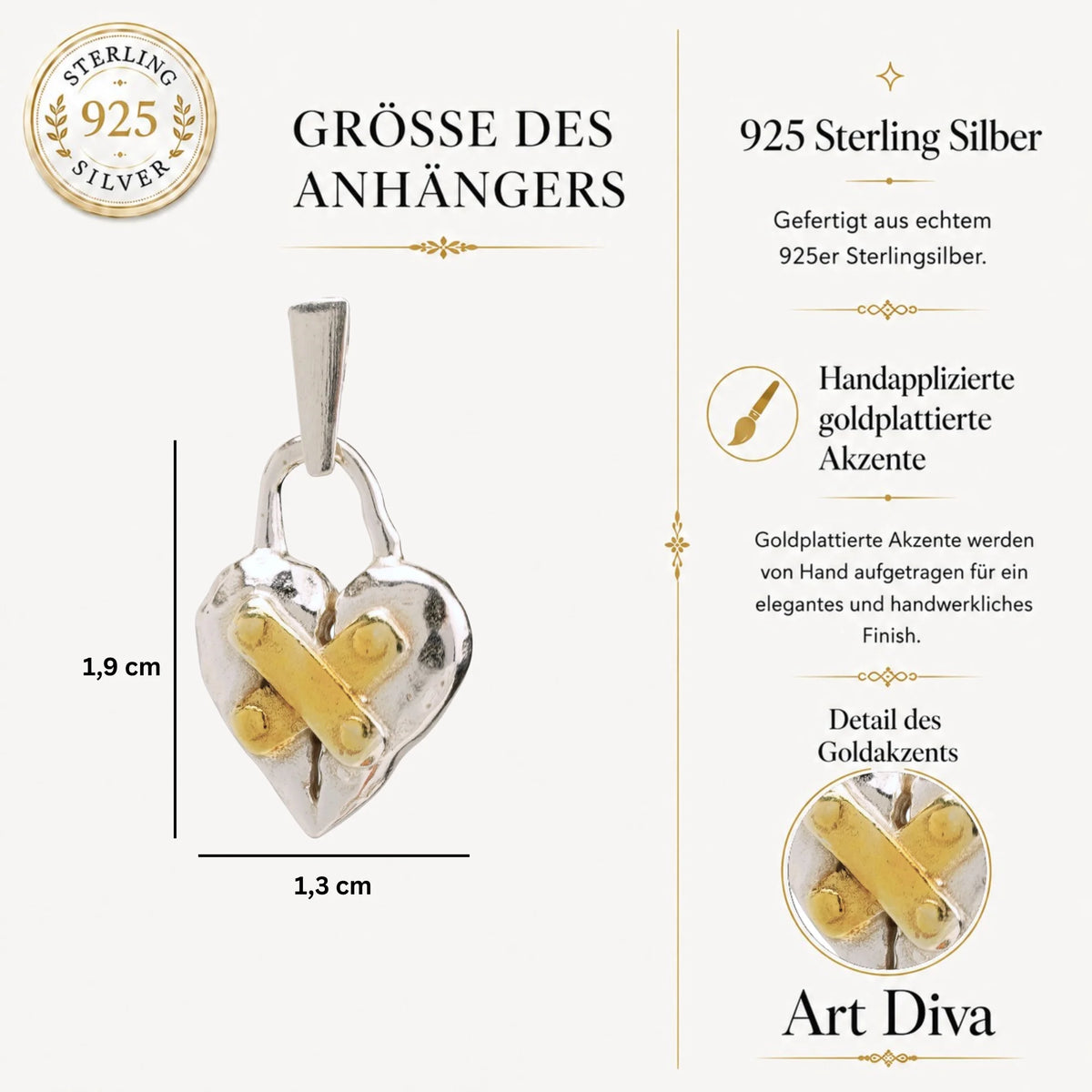 „Restauriertes Herz“-Anhänger aus 925er Silber mit goldfarbenen Akzenten – handpolierter Talisman für Hoffnung und Neubeginn, Skulpturenschmuck im Boho- und rustikalen Stil | Art Diva