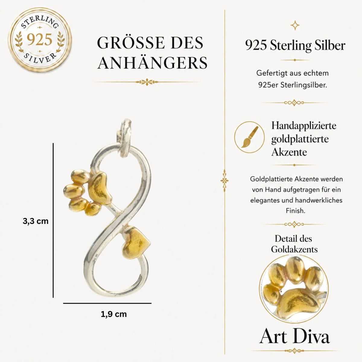 „Unendlichkeit mit Herz und Pfote“-Schmuckelement aus 925er Silber mit goldfarbenen Akzenten – für Halskette oder Armband, Talisman für Verbundenheit und Treue | Art Diva