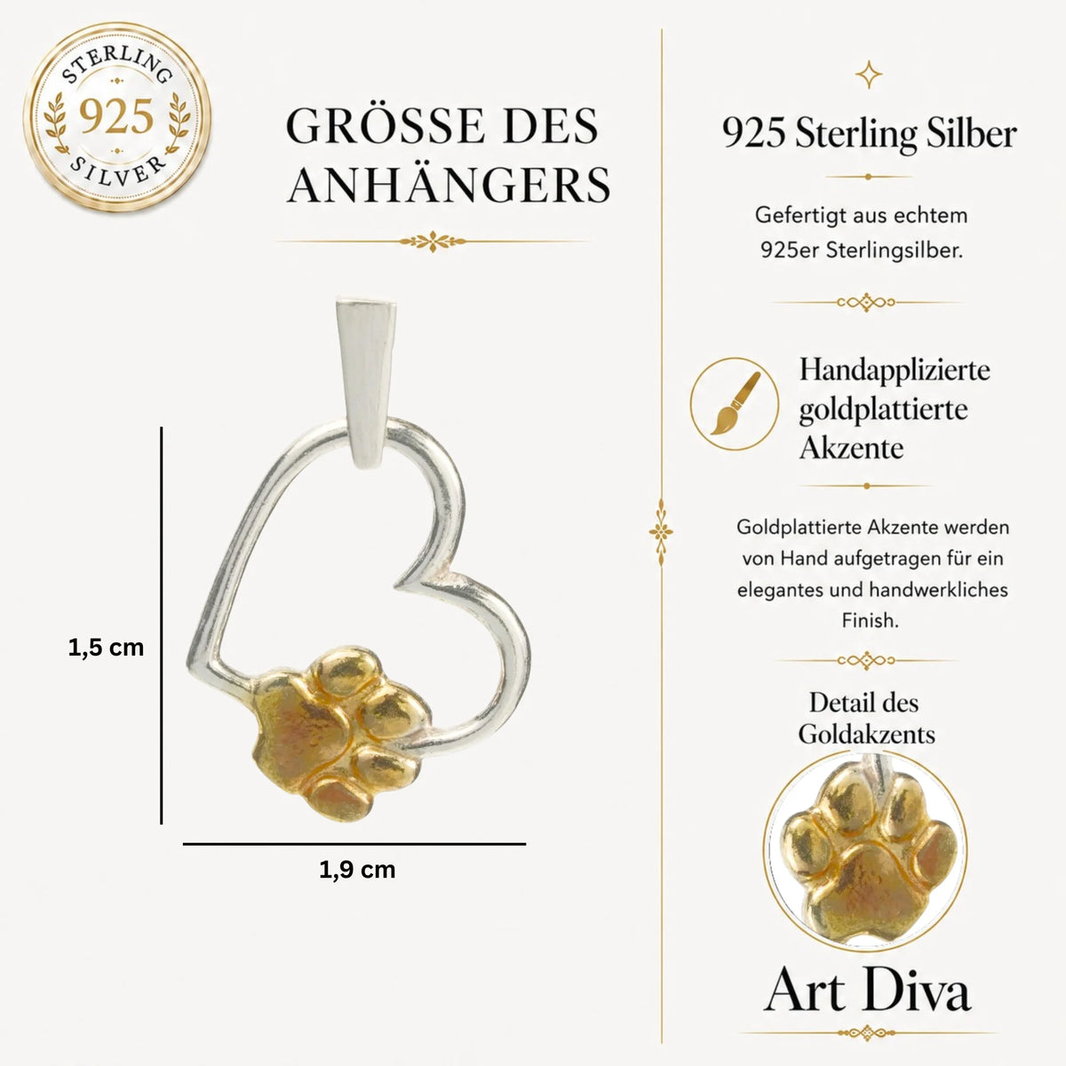 „Herz und Pfote“-Anhänger aus 925er Silber mit goldfarbenen Akzenten – Talisman für die Liebe zu Tieren, Skulpturenschmuck im Boho- und rustikalen Stil | Art Diva