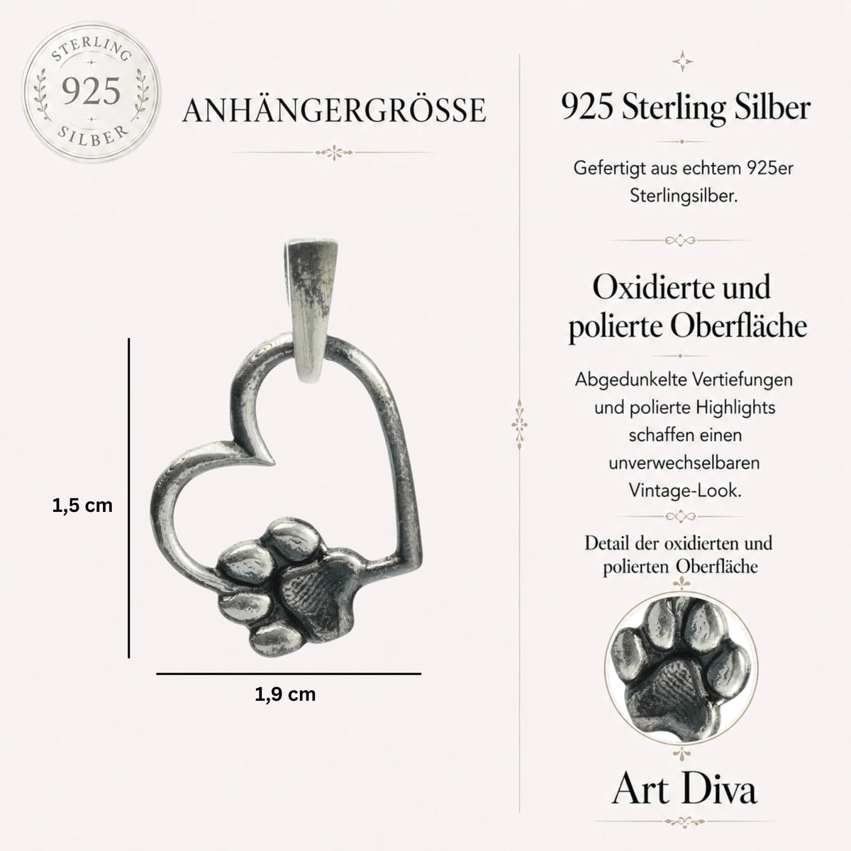 „Herz und Pfote“-Anhänger aus 925er Silber – Symbol der Tierliebe sowie Talisman für Treue und bedingungslose Liebe, oxidierter Skulpturenschmuck im Boho- und rustikalen Stil | Art Diva