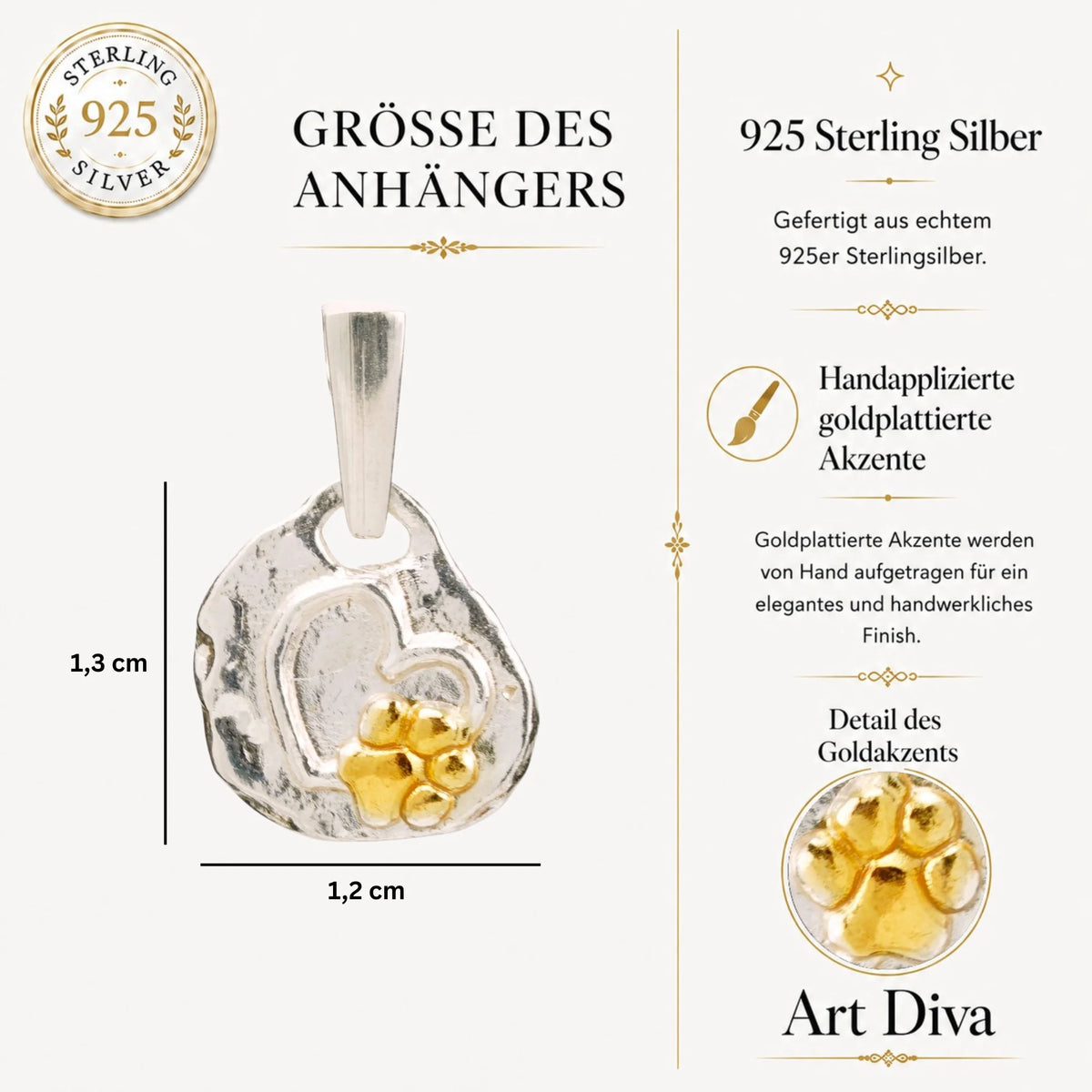 „Pfote im Herzen“-Anhänger aus 925er Silber mit goldfarbenen Akzenten – Talisman für die Liebe zu Tieren, Skulpturenschmuck im Boho- und rustikalen Stil | Art Diva