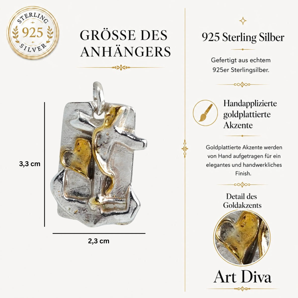 „Glaube, Hoffnung und Liebe“-Anhänger für Herren aus 925er Silber mit goldfarbenen Akzenten – handgefertigtes Schmuckstück | Art Diva