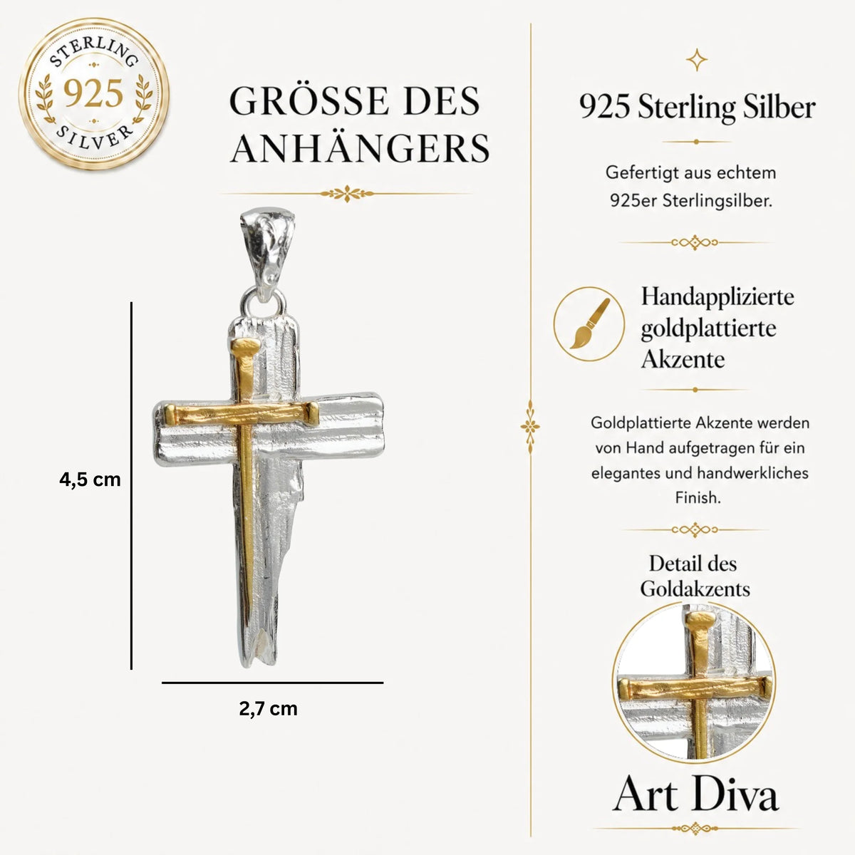 Massiver Kreuz-Anhänger für Herren aus 925er Silber – Symbol für Glauben und Entschlossenheit, handgefertigt | Art Diva