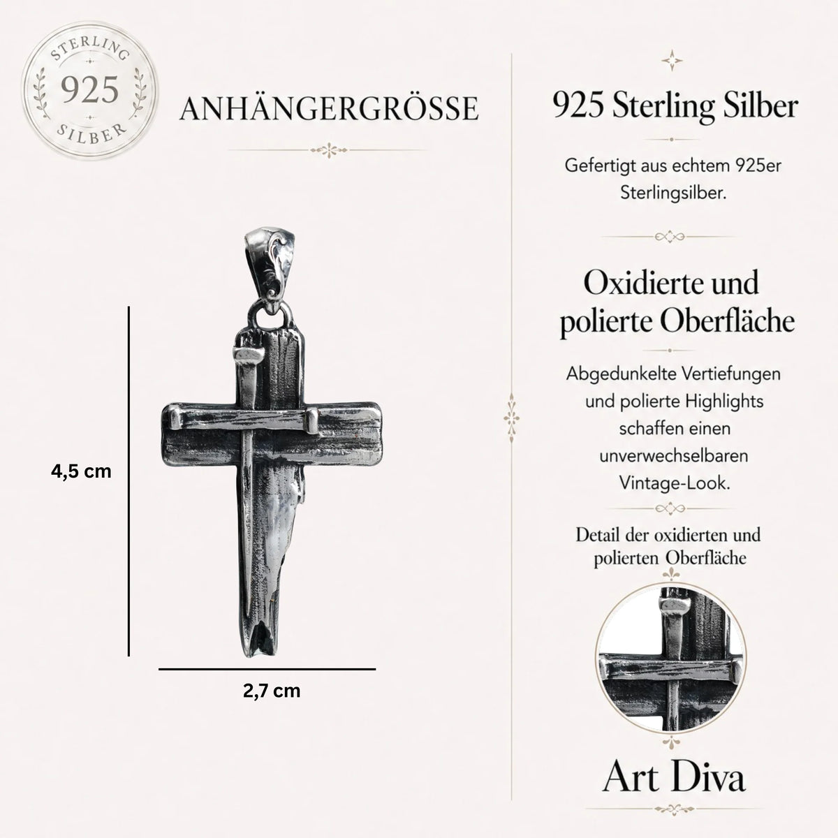 Massiver Kreuz-Anhänger für Herren aus 925er Silber – Symbol für Glauben und Entschlossenheit, handgefertigt | Art Diva