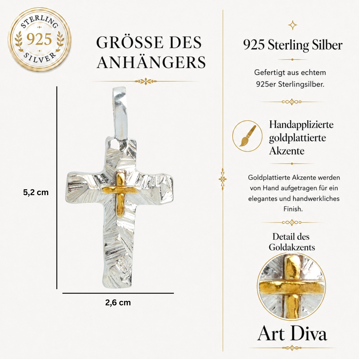 „Reliefkreuz mit goldfarbenen Akzenten“-Anhänger aus 925er Silber – Symbol für Glauben und innere Stärke, Skulpturenschmuck im Boho- und rustikalen Stil | Art Diva