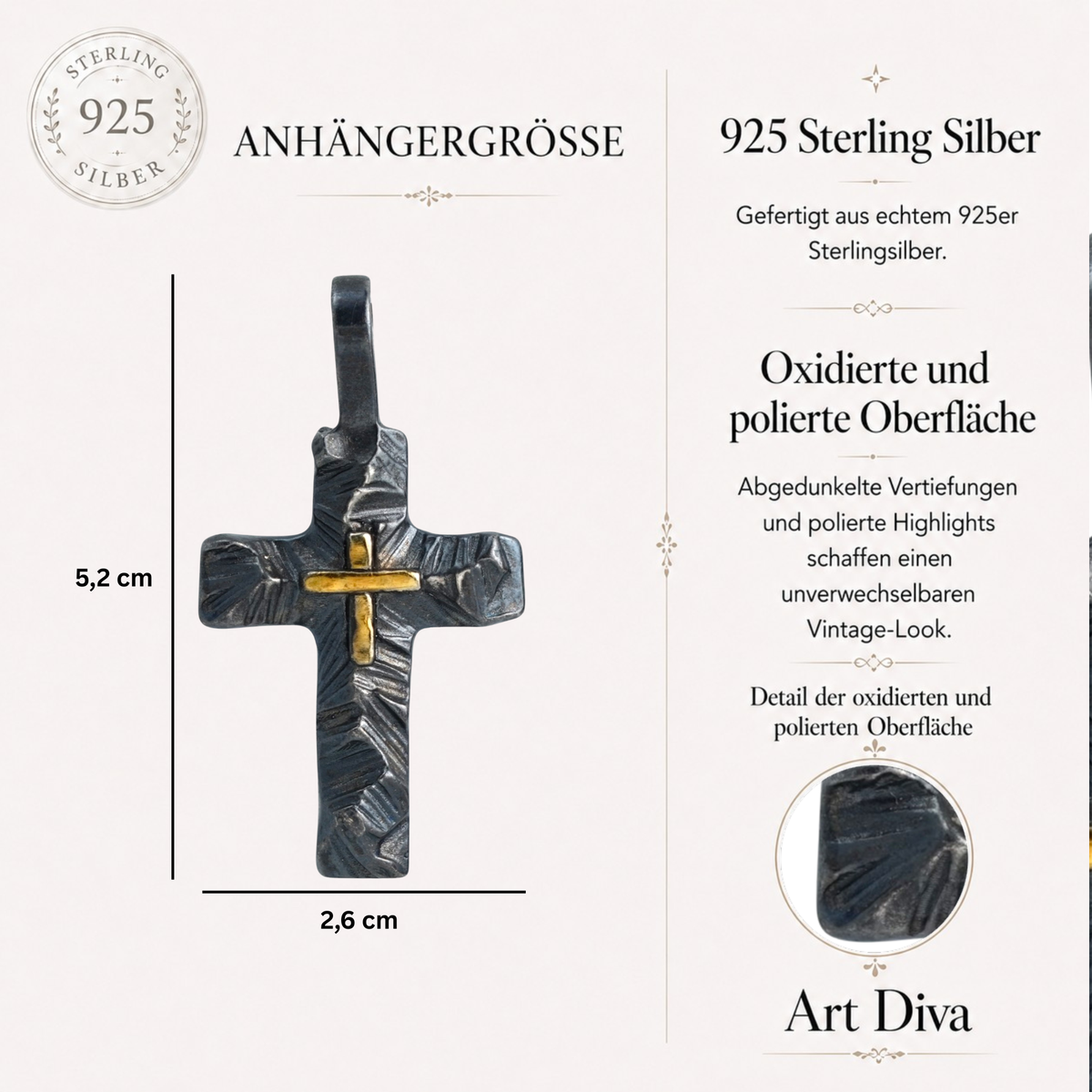Kreuz-Anhänger mit Relief aus Silber und goldenem Akzent – handgefertigtes Symbol für Glauben und spirituelle Stärke | Art Diva