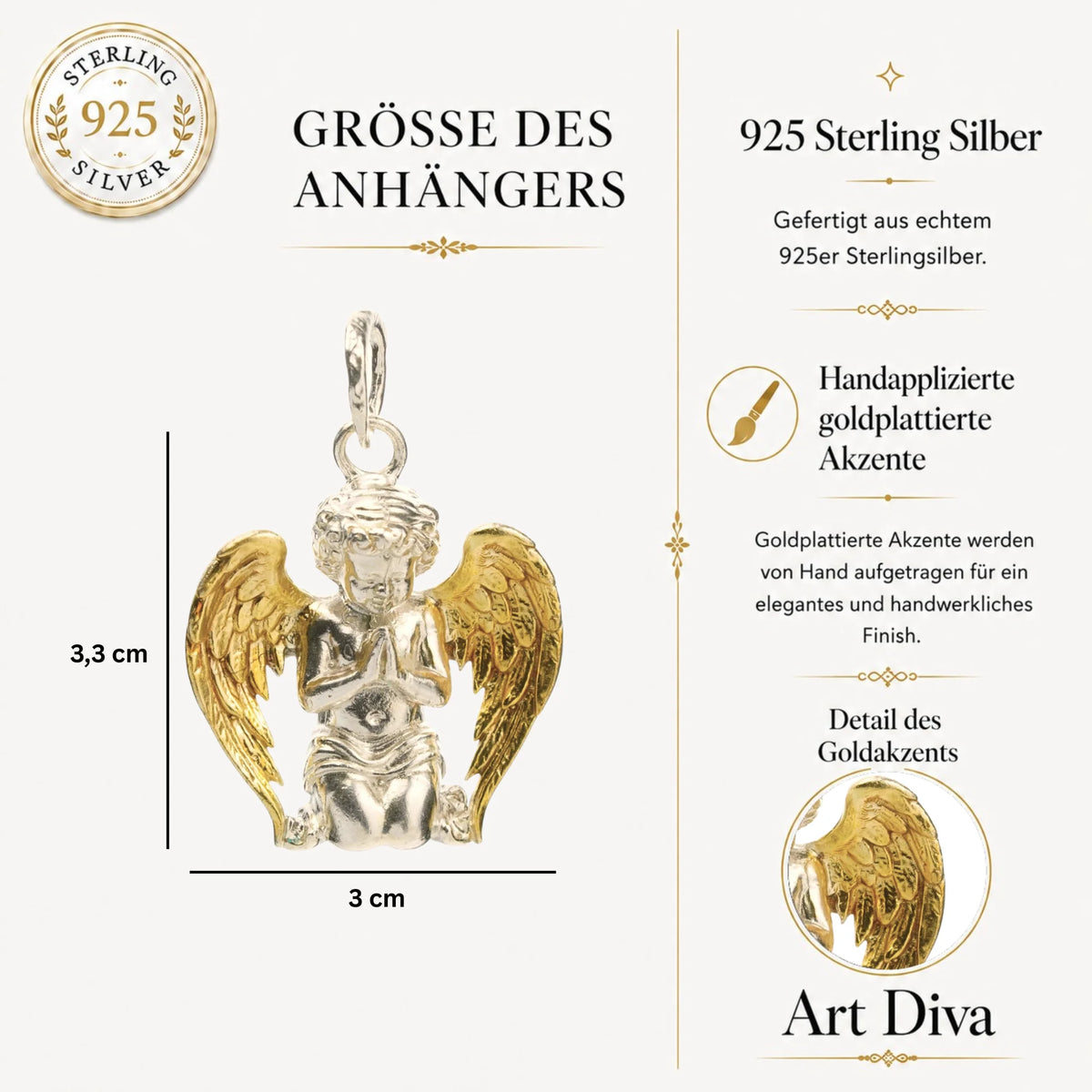 „Engel im Gebet“-Anhänger für Herren aus 925er Silber mit goldfarbenen Flügeln – handgefertigter Talisman für Glauben, Schutz und innere Stärke | Art Diva