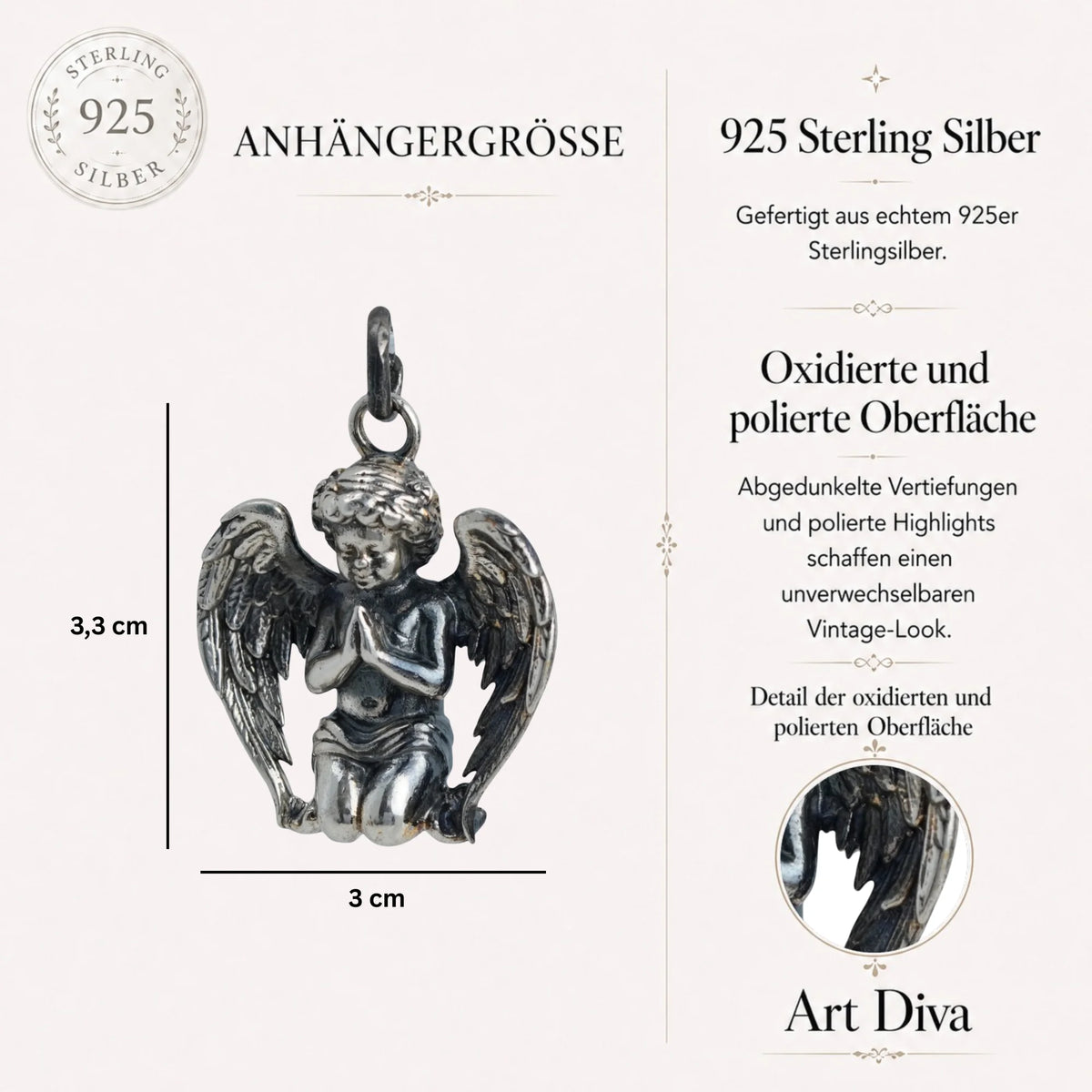 „Betender Engel“-Anhänger aus 925er Silber mit oxidiertem Finish – Talisman für Glauben und Licht, Schutzamulett für inneren Frieden, Skulpturenschmuck im Boho- und rustikalen Stil | Art Diva