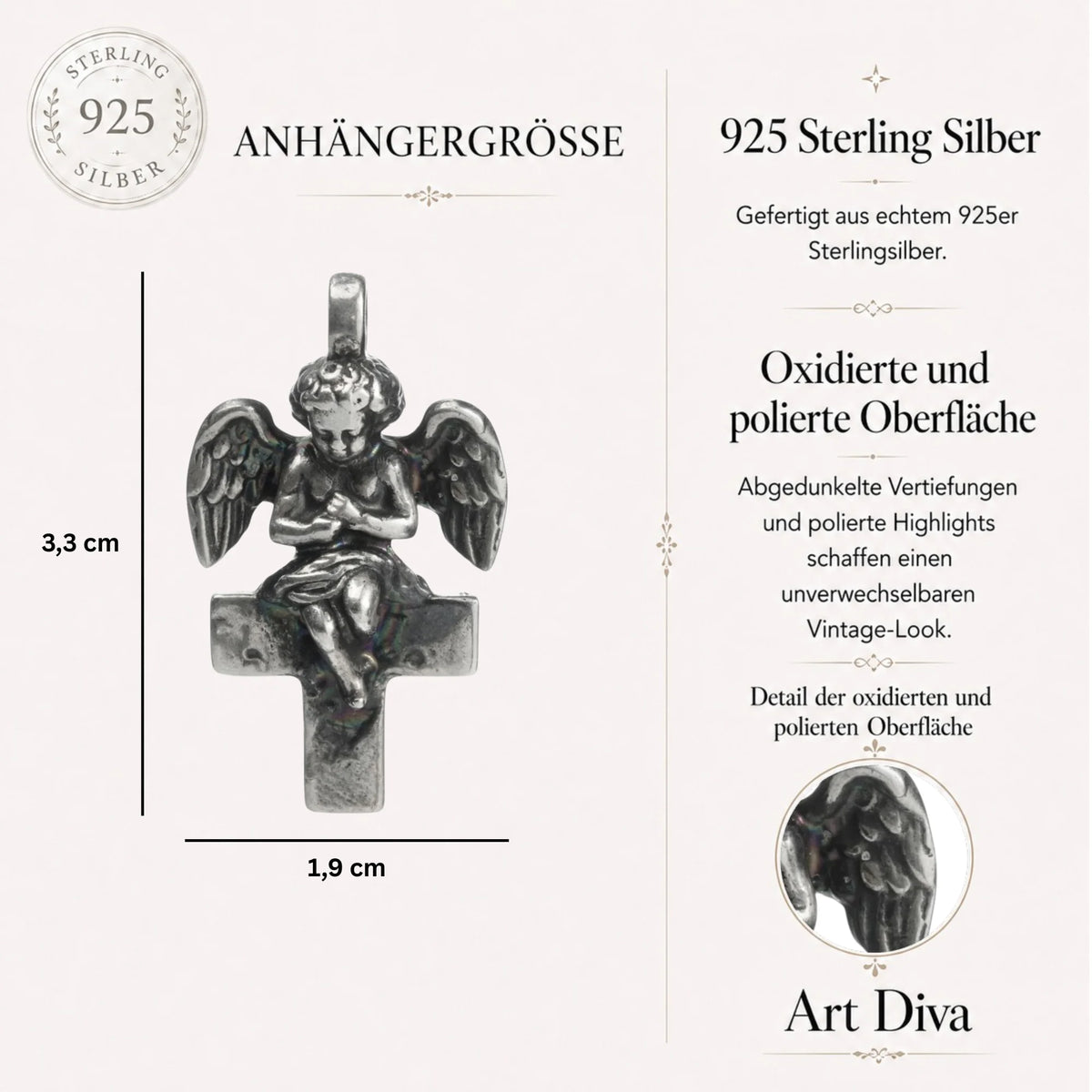 „Engel auf dem Kreuz“-Anhänger aus 925er Silber – handgefertigter Talisman für Schutz und Licht, Skulpturenschmuck im Boho- und rustikalen Stil | Art Diva