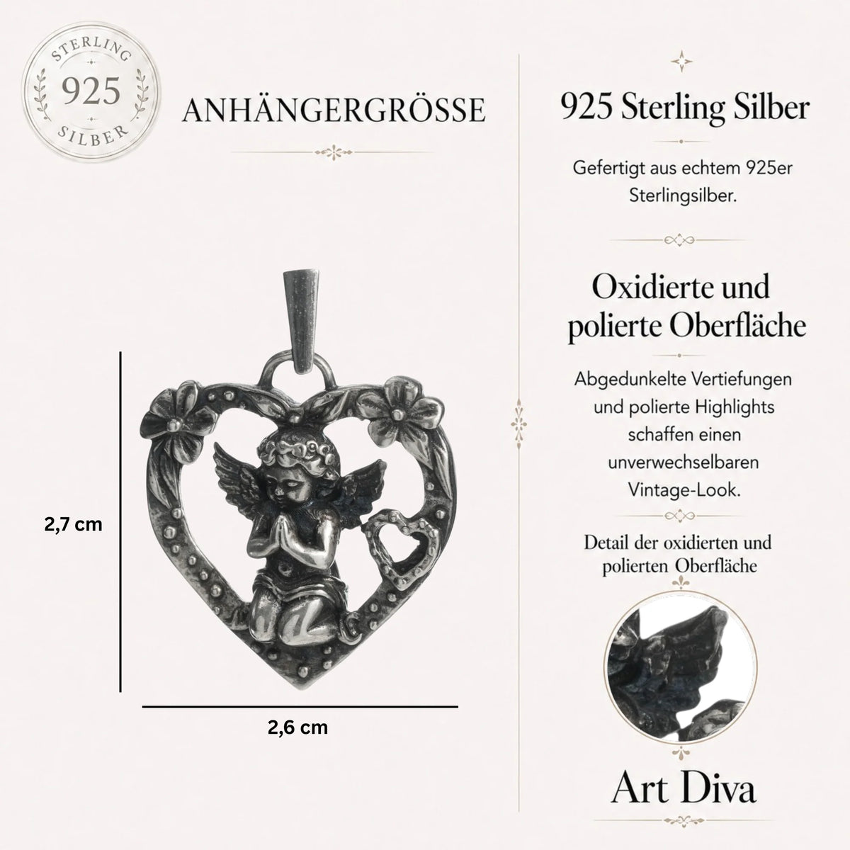 „Gebet eines Engels“-Herz-Anhänger für Damen aus 925er Silber mit Engel und Blumen – Talisman für Liebe und Schutz, Skulpturenschmuck im Boho- und rustikalen Stil | Art Diva
