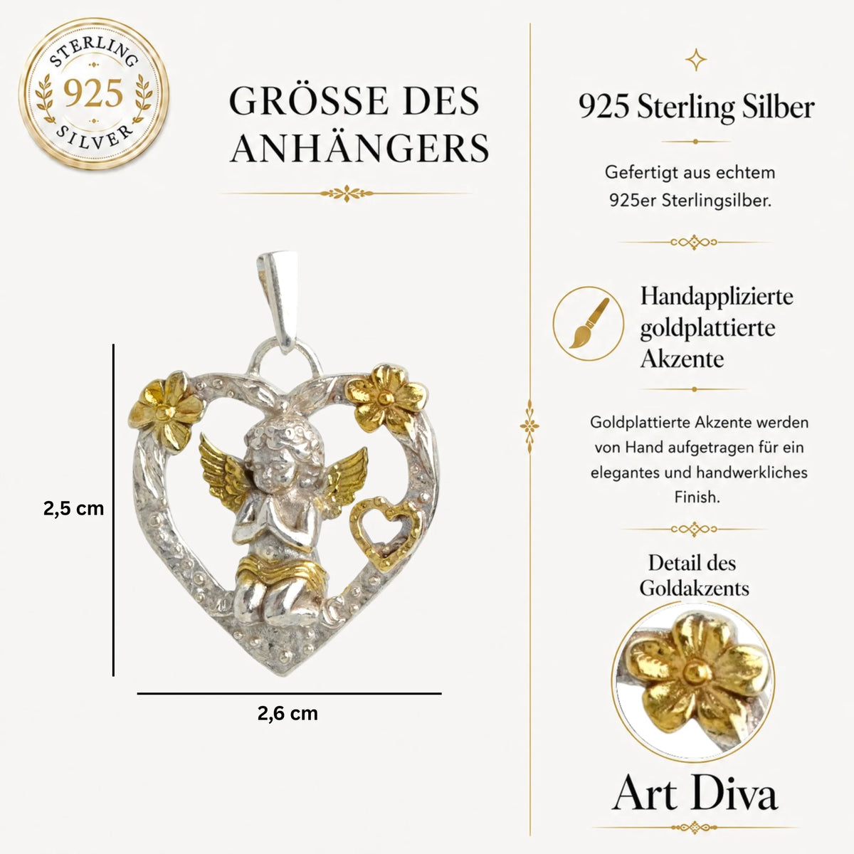 „Engel im Herzen“-Anhänger aus 925er Silber mit vergoldeten Akzenten – Talisman für Liebe und Schutz, Skulpturenschmuck im Boho- und rustikalen Stil | Art Diva