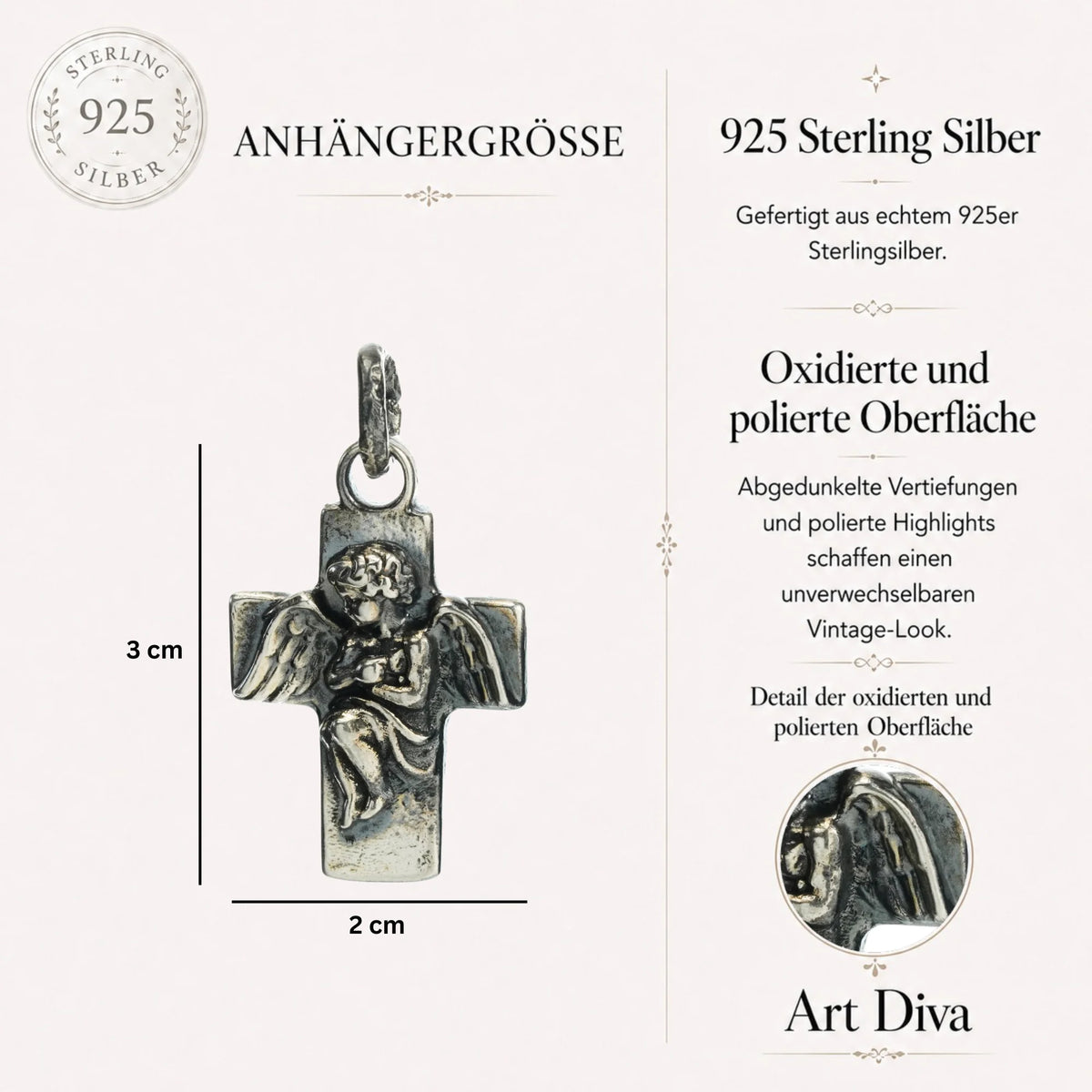 „Engelsumarmung“-Kreuz-Anhänger aus 925er Silber – handgefertigter Talisman für Schutz und spirituelle Stärke, Skulpturenschmuck im Boho- und rustikalen Stil | Art Diva