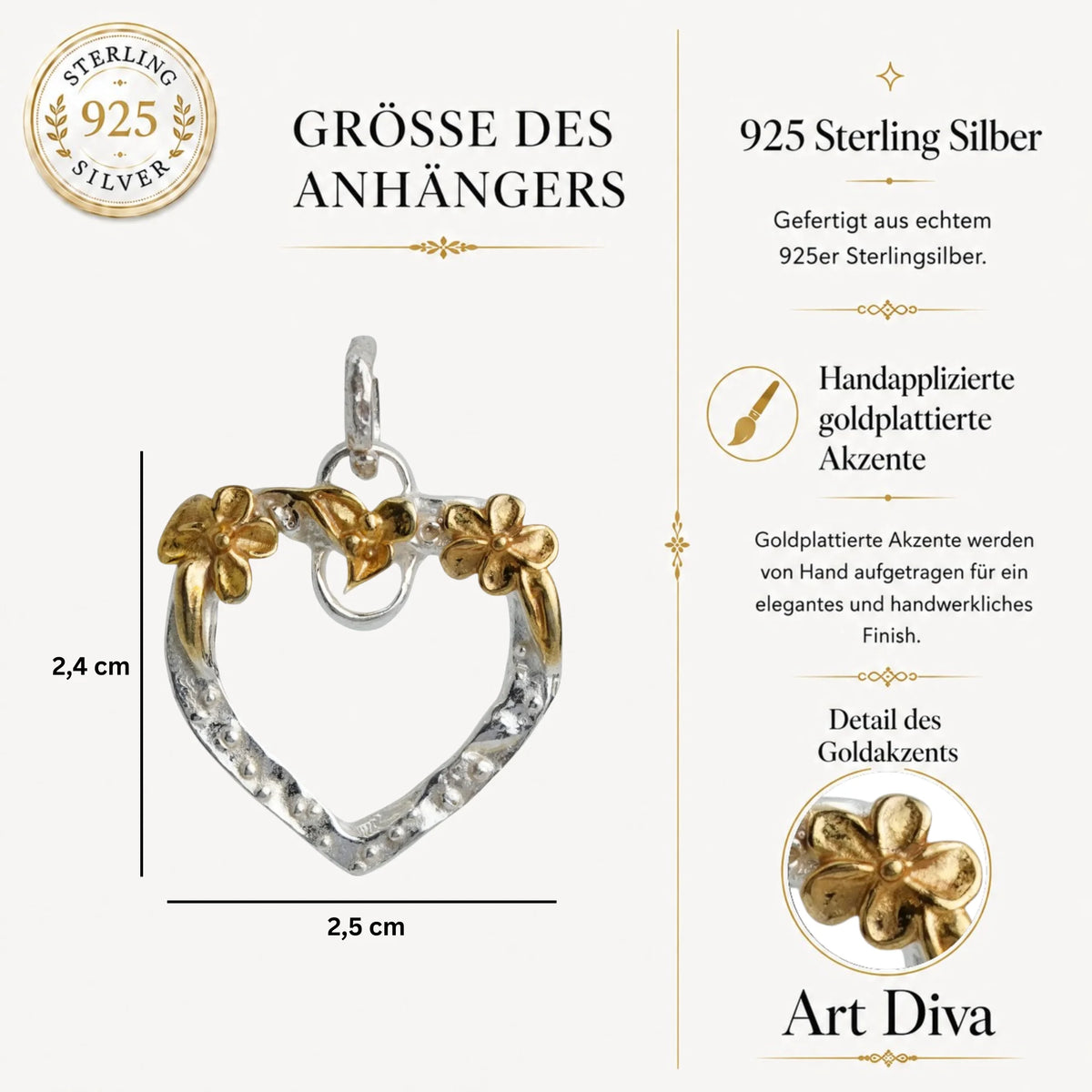 „Offenes Herz“-Anhänger für Damen aus 925er Silber mit goldfarbenen Akzenten – Skulpturenschmuck im Boho- und rustikalen Stil | Art Diva