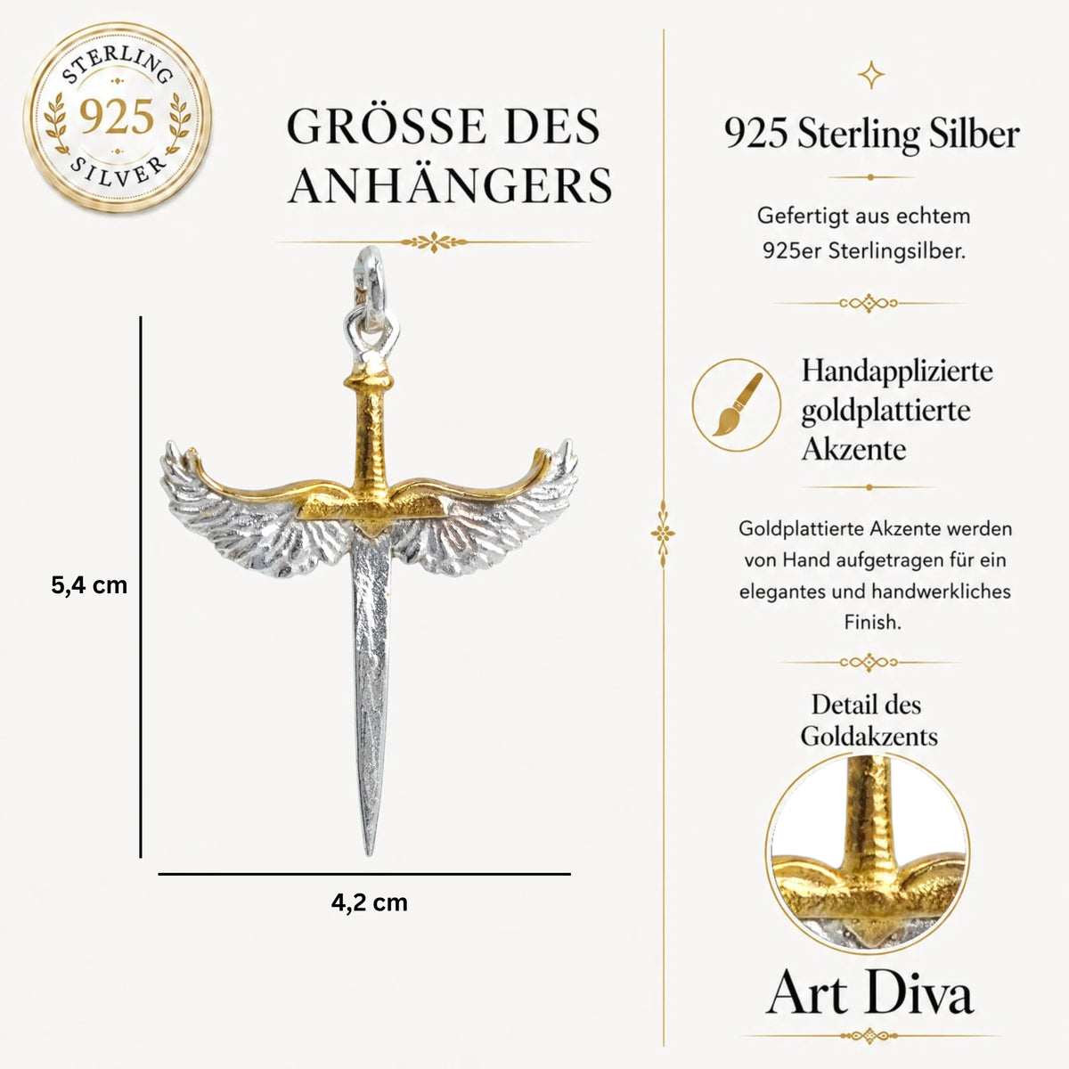 „Schwert mit Engelsflügeln“-Anhänger für Herren aus 925er Silber mit goldfarbenen Akzenten – handgefertigter Talisman für Stärke und Schutz, Skulpturenschmuck im Boho-Stil | Art Diva