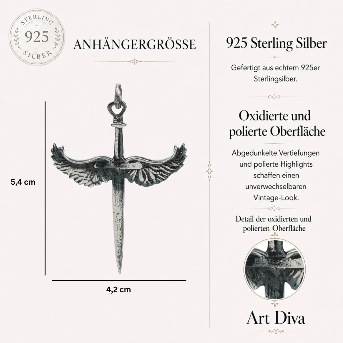 „Schwert mit Engelsflügeln“-Anhänger für Herren aus 925er Silber – handgefertigter Talisman für Stärke und Schutz, Skulpturenschmuck im Boho- und rustikalen Stil | Art Diva