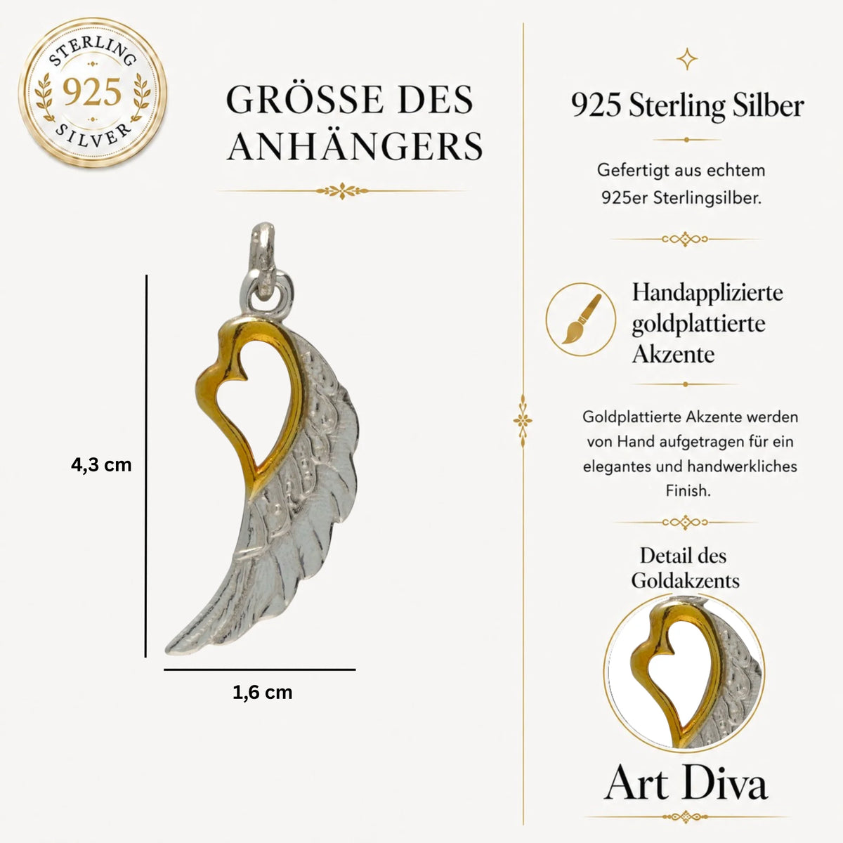 „Flügel mit Herz“-Anhänger aus 925er Silber mit goldfarbenen Akzenten – Talisman für Liebe und Schutz, Skulpturenschmuck im Boho-Stil | Art Diva