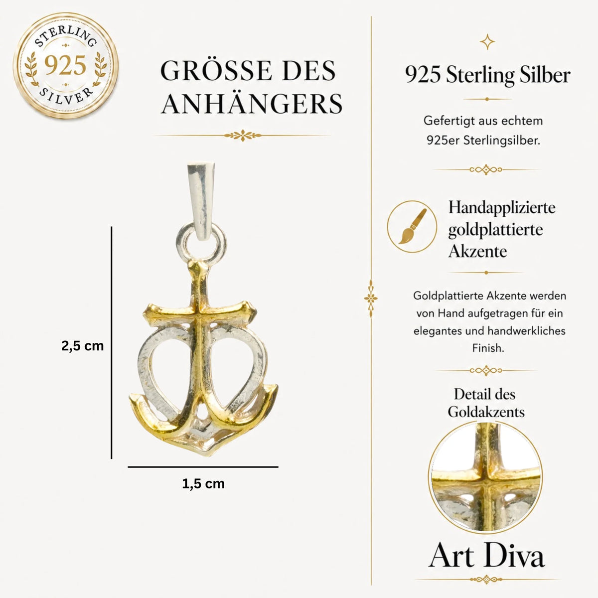 „Glaube • Hoffnung • Liebe“-Anhänger aus 925er Silber mit goldfarbenen Akzenten – maritimer Talisman, Skulpturenschmuck im Boho-Stil | Art Diva