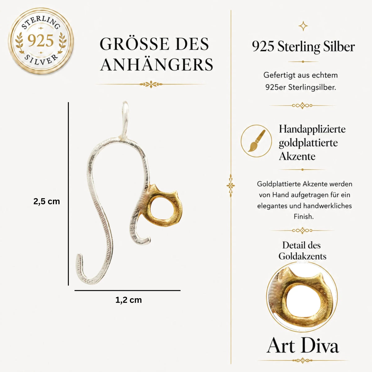 „Kätzchen“-Anhänger aus 925er Silber mit goldfarbenem Akzent – filigraner Talisman für Zärtlichkeit und Schutz, Skulpturenschmuck im Boho-Stil | Art Diva