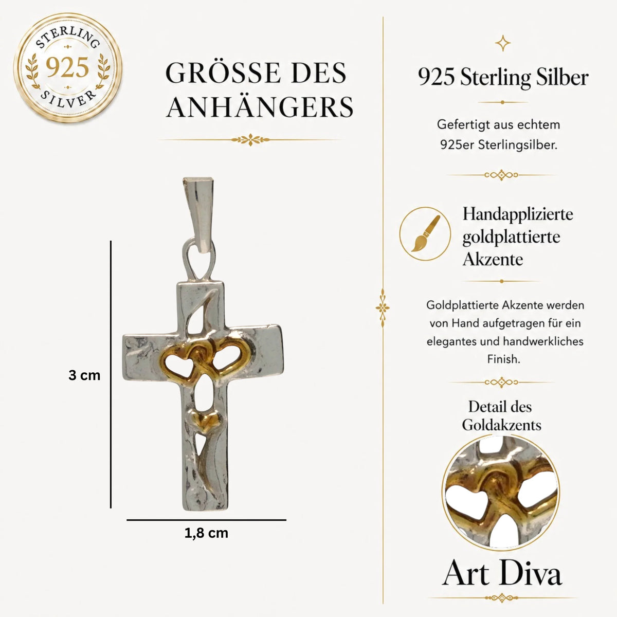 „Dreifaches Herz im Kreuz“-Anhänger aus 925er Silber mit goldfarbenen Akzenten – Symbol für Liebe, Glauben und Schutz, Skulpturenschmuck im Boho- und rustikalen Stil | Art Diva