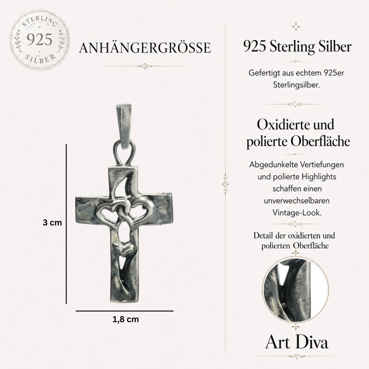 „Dreifaches Herz im Kreuz“-Anhänger aus 925er Silber – Symbol für Liebe, Glauben und Schutz, Skulpturenschmuck im Boho- und rustikalen Stil | Art Diva