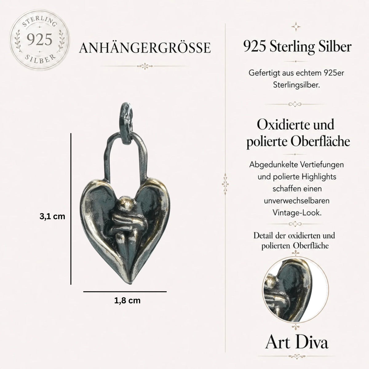 „Engelsumarmung“-Anhänger aus 925er Silber – Talisman für Trost und Schutz, oxidierter Skulpturenschmuck im Boho- und rustikalen Stil | Art Diva