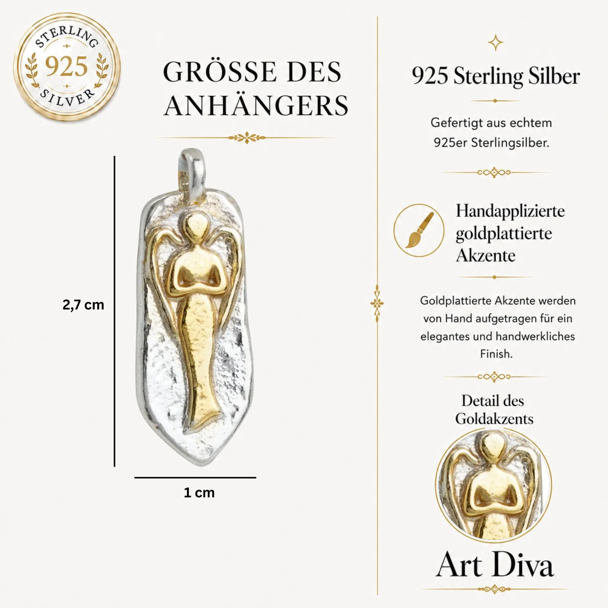 „Schutzengel“-Anhänger aus 925er Silber mit goldfarbenen Akzenten – handpolierter skulpturaler Talisman für Schutz und Licht | Art Diva