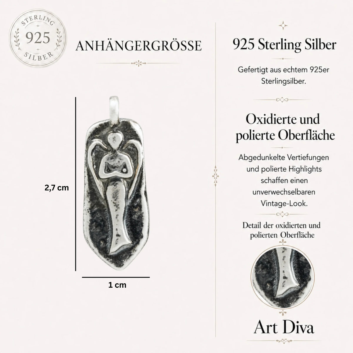 „Schutzengel“-Anhänger aus 925er Silber – skulpturaler Talisman für Schutz und innere Stärke, oxidierter Schmuck im Boho- und rustikalen Stil | Art Diva