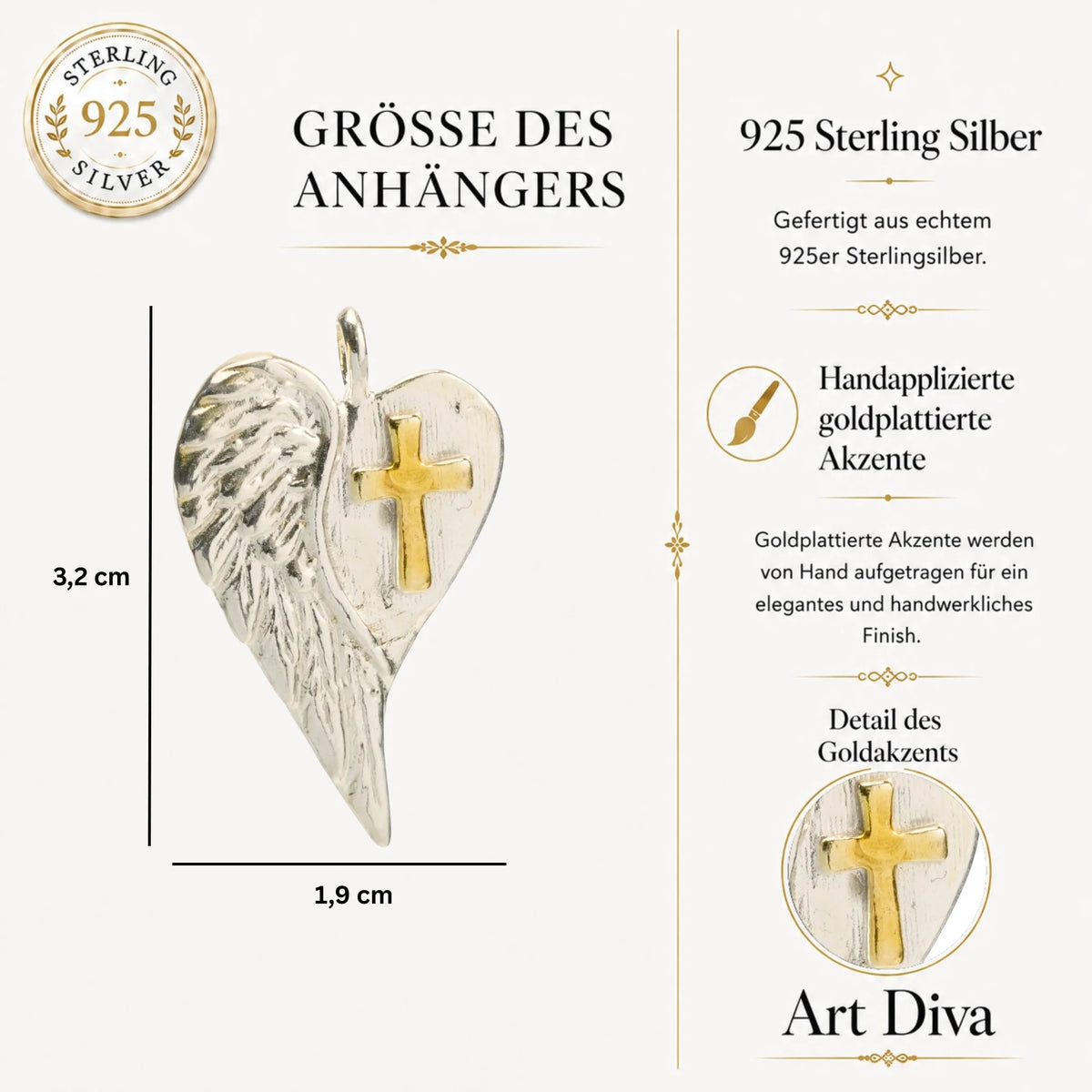„Herz mit Kreuz und Engelsflügel“-Anhänger aus 925er Silber mit goldfarbenen Akzenten – handpolierter Talisman für Schutz, Liebe und innere Stärke | Art Diva