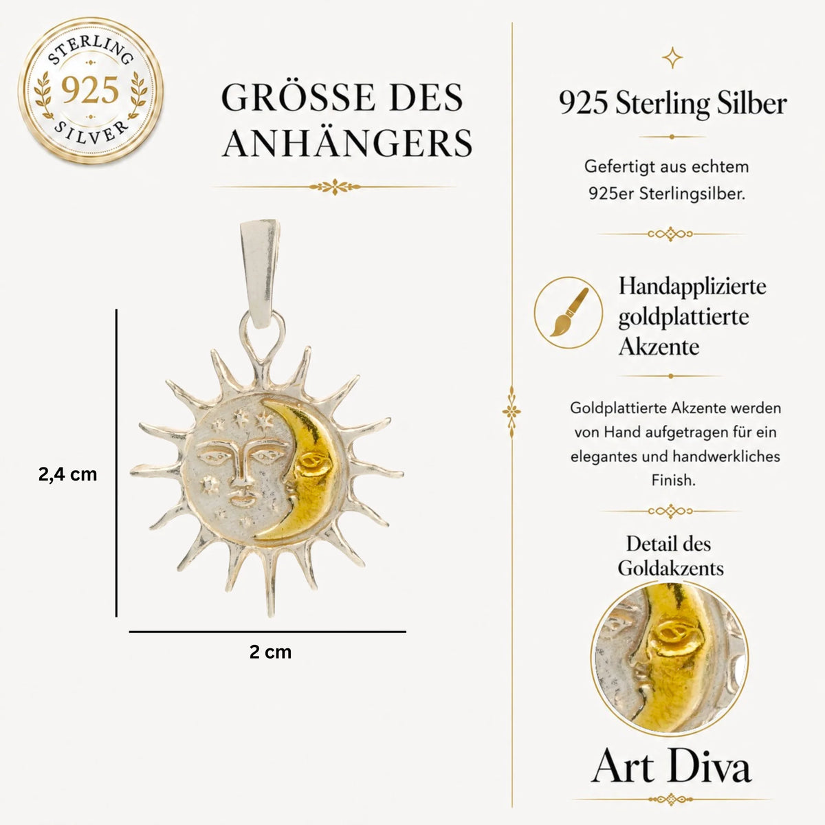 „Tag und Nacht“-Anhänger aus 925er Silber mit goldfarbenen Akzenten und Sonne-Mond-Motiv – Skulpturenschmuck im Boho-Stil | Art Diva