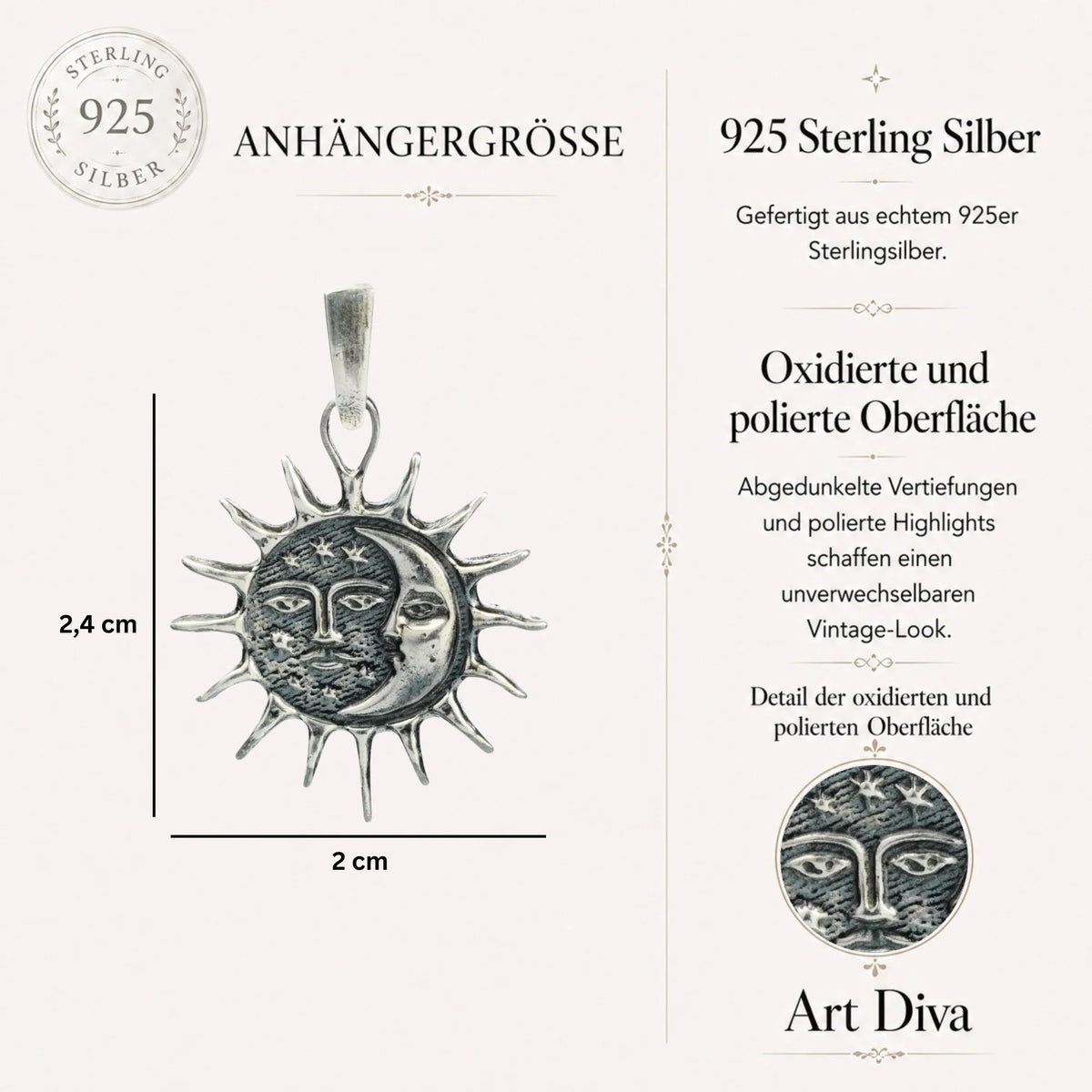 „Tag und Nacht“-Anhänger aus 925er Silber mit Sonne und Mond – Skulpturenschmuck im Boho- und rustikalen Stil | Art Diva