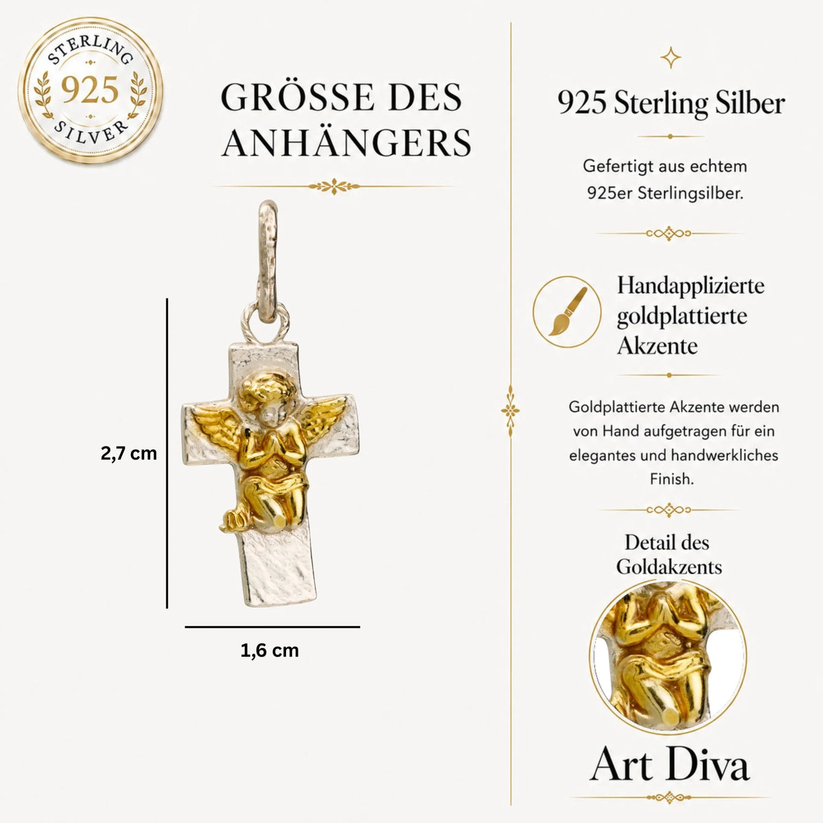 „Engelsgebet“-Anhänger aus 925er Silber mit goldfarbenen Akzenten – Talisman für Glauben und spirituellen Schutz, Skulpturenschmuck im Boho-Stil | Art Diva