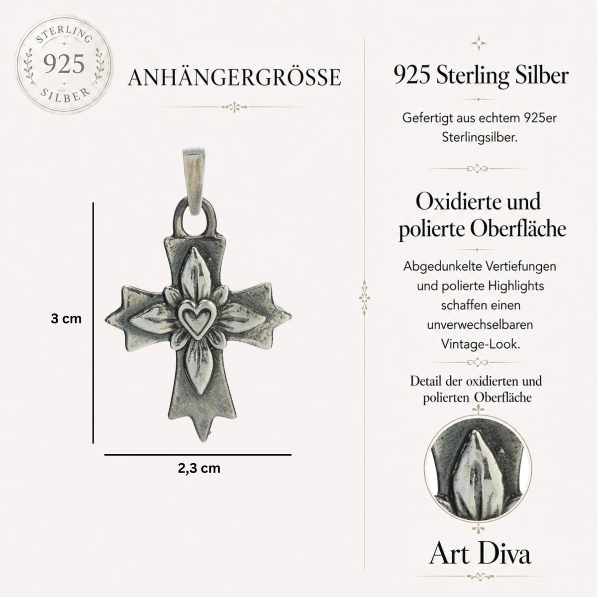 „Kreuz mit Herz“-Anhänger aus 925er Silber – Symbol für Liebe und Glauben, oxidierter Skulpturenschmuck im Boho- und rustikalen Stil | Art Diva