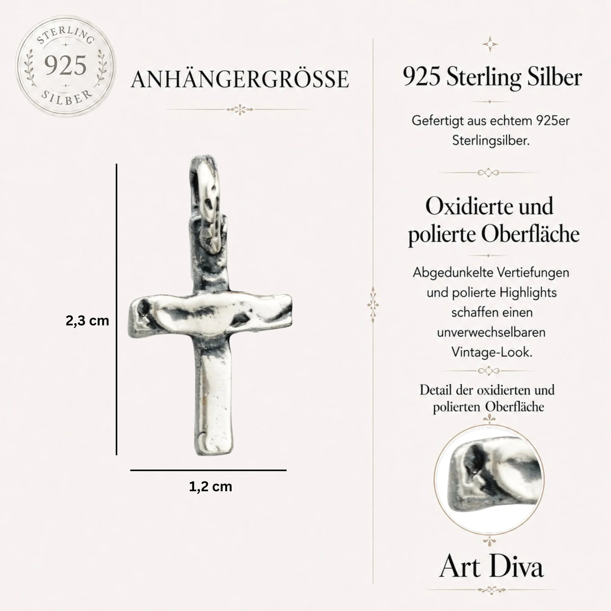 „Kleines Kreuz“-Anhänger aus 925er Silber – handgefertigter Schmuck im Boho- und rustikalen Stil | Art Diva