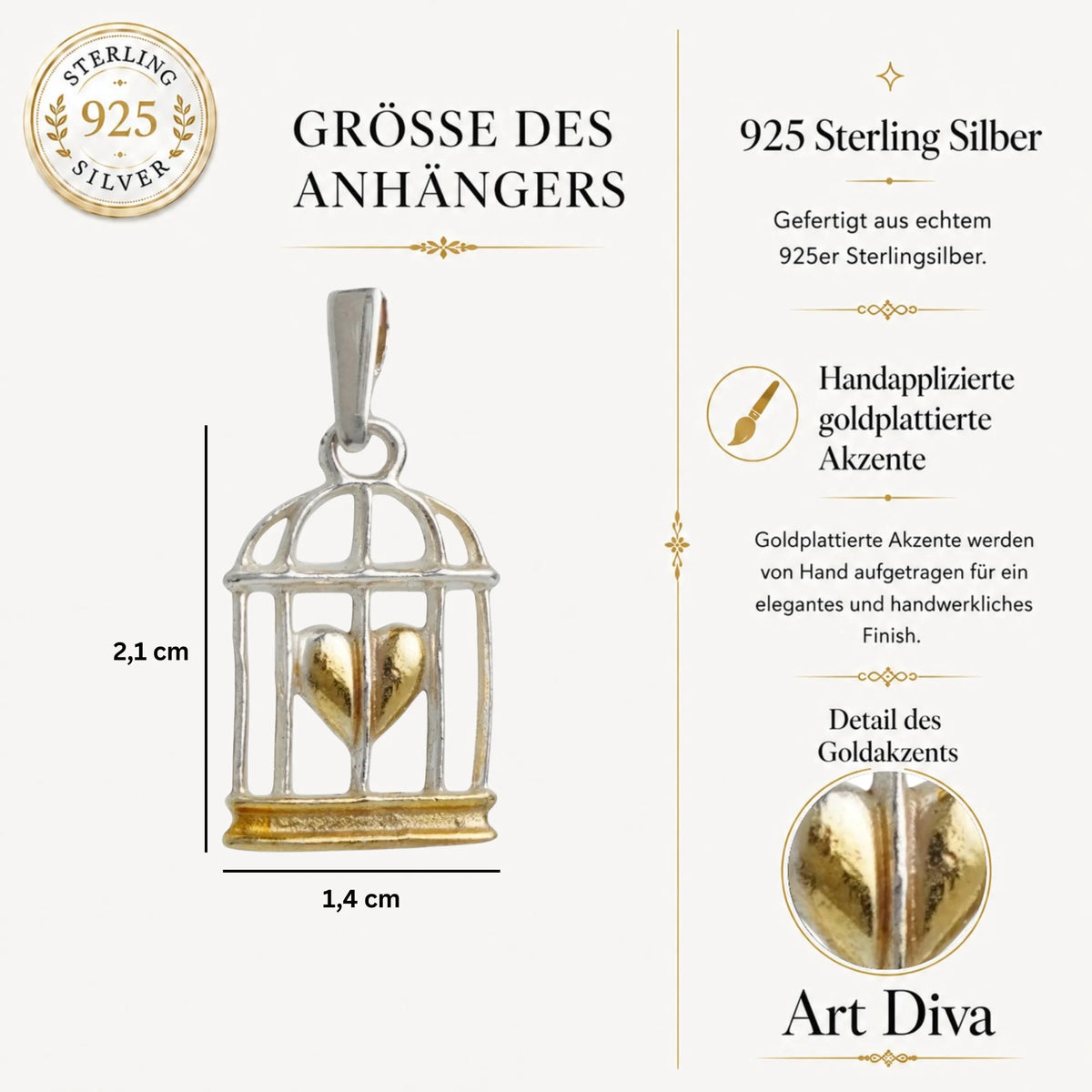 „Herz im Käfig“-Anhänger aus 925er Silber mit goldfarbenem Akzent – Talisman für Stärke, Liebe und emotionale Freiheit, Skulpturenschmuck im Boho- und rustikalen Stil | Art Diva