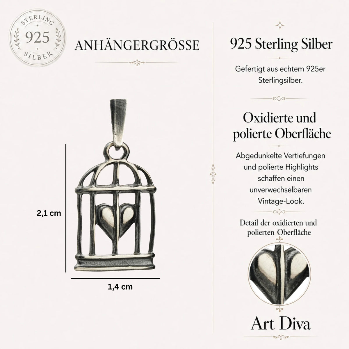 „Herz im Käfig“-Anhänger aus 925er Silber mit oxidierter Oberfläche – Talisman für Liebe und einen freien Geist, Amulett für Gefühle und innere Stärke, Skulpturenschmuck im Boho- und rustikalen Stil | Art Diva