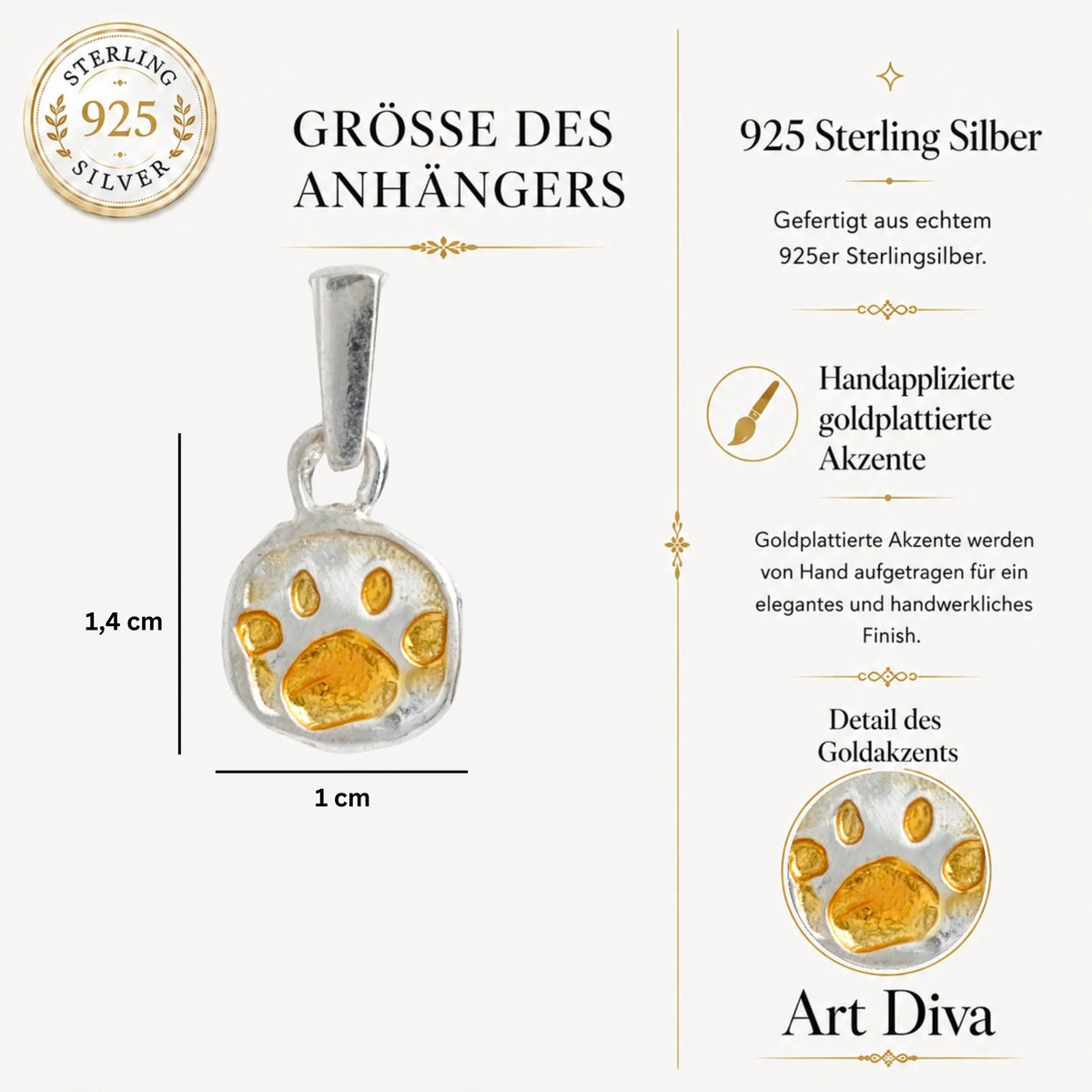 925er Silberanhänger „Pfote“ mit goldenen Akzenten – handgefertigter Boho-Talisman für Tierliebe und Geschenk für Hunde- oder Katzenliebhaber | Art Diva