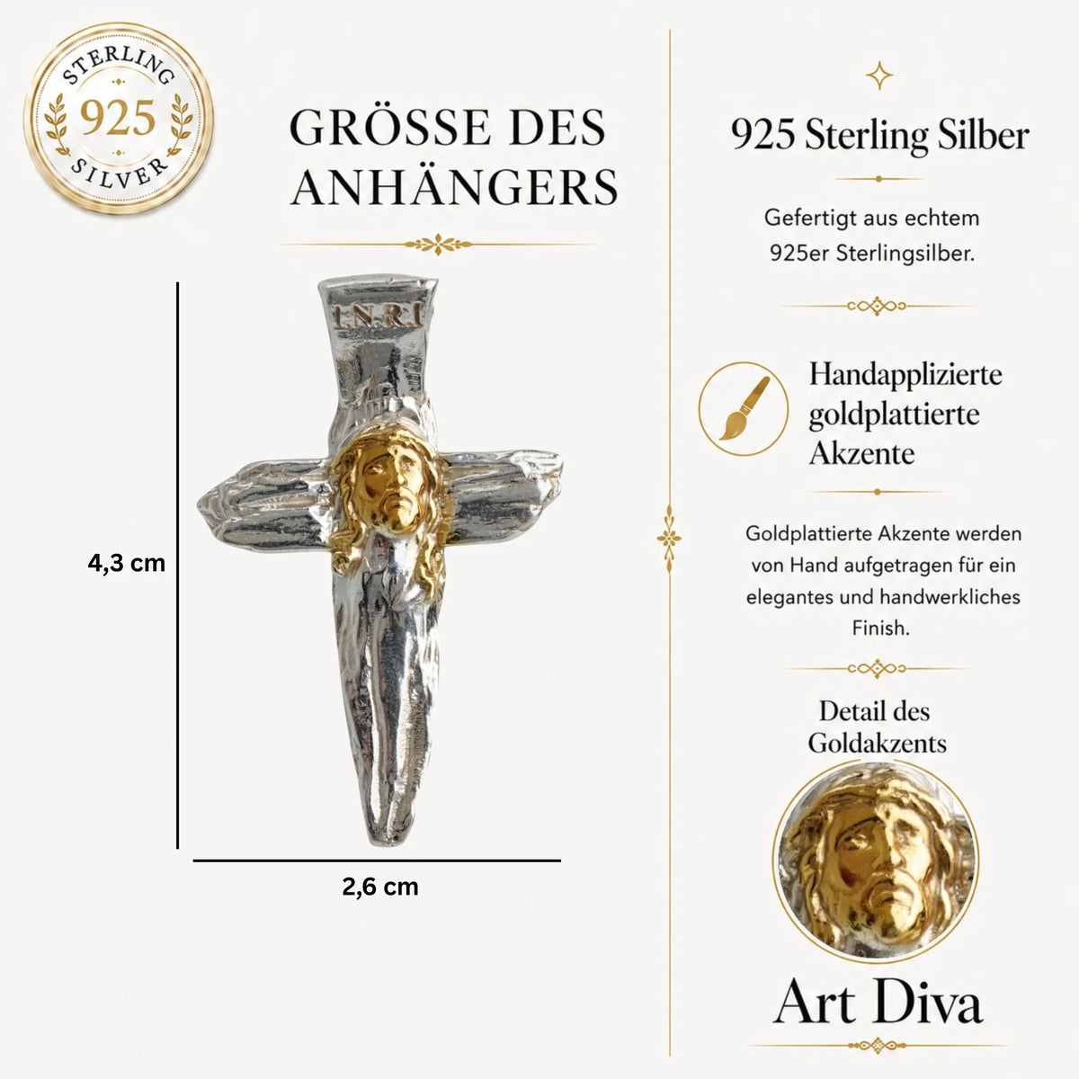 „Jesus Christus“-Anhänger aus 925er Silber mit goldfarbenen Akzenten – handgefertigtes Symbol für Glauben und Schutz, Skulpturenschmuck im Boho- und rustikalen Stil | Art Diva