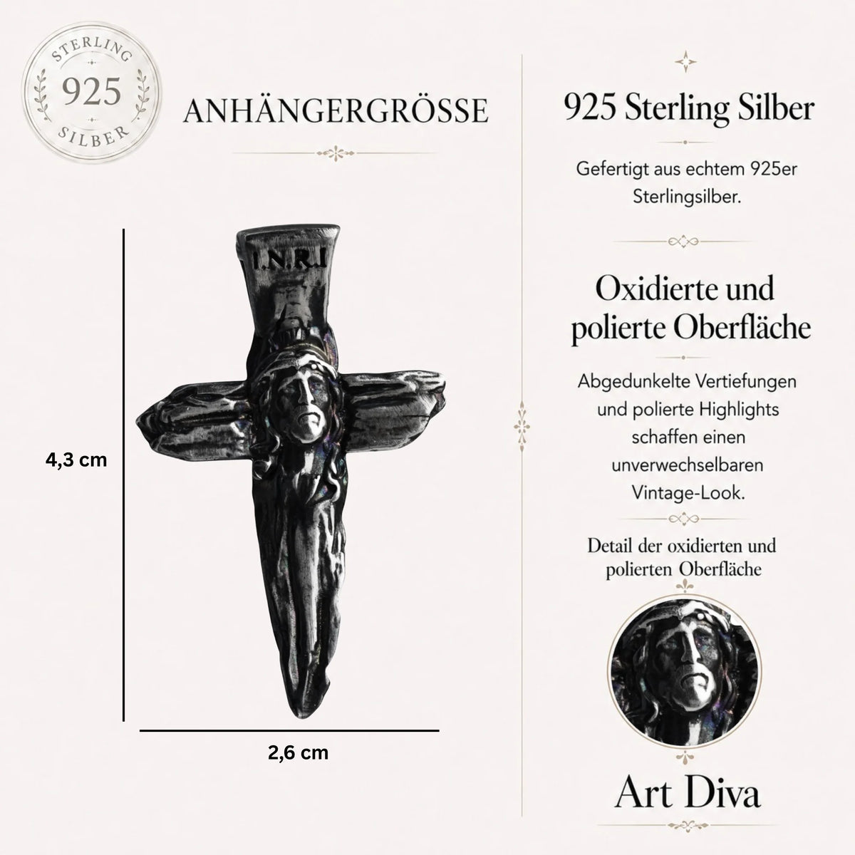 Jesus-Christus-Kreuz aus 925er Sterlingsilber – handgefertigter religiöser Anhänger als Symbol für Glauben und Schutz | Art Diva