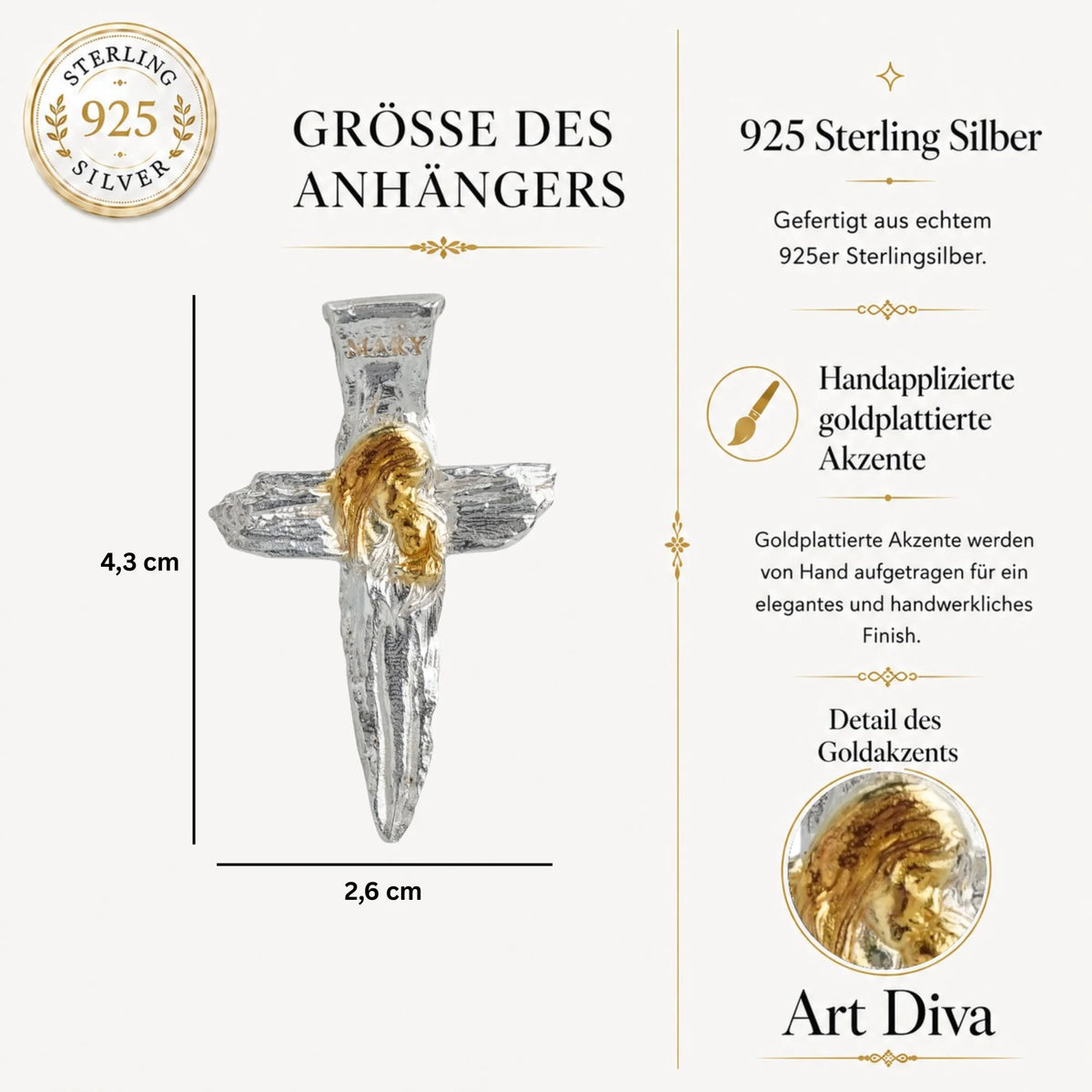 „Kreuz mit der Jungfrau Maria und dem Jesuskind“-Anhänger aus 925er Silber mit goldfarbenen Akzenten – handpoliertes Symbol für Glauben, mütterlichen Schutz und spirituelle Stärke, Skulpturenschmuck im Boho- und rustikalen Stil | Art Diva