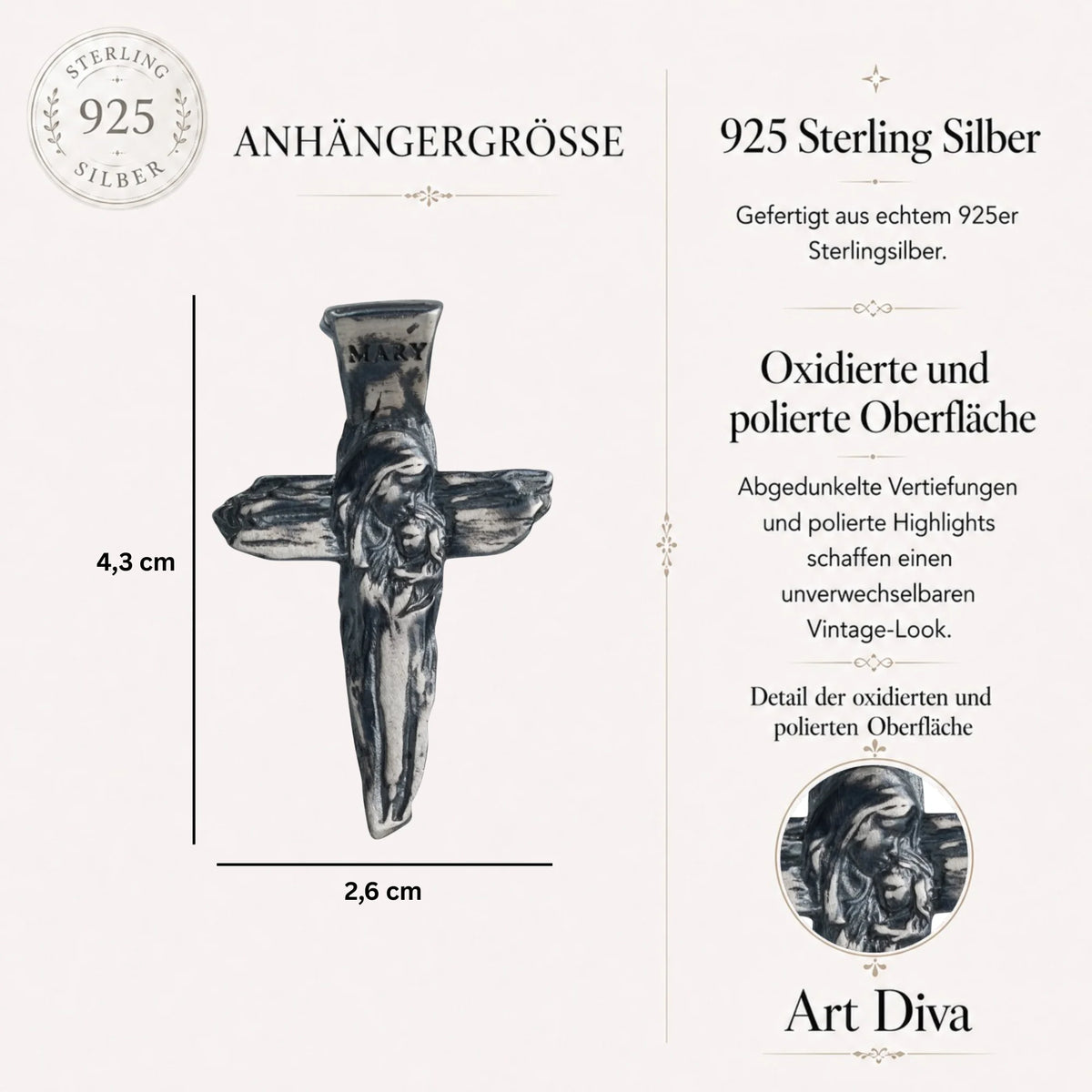 Kreuz-Anhänger mit der Jungfrau Maria und dem Jesuskind aus 925er Silber – handgefertigtes christliches Symbol für Glauben und Schutz | Art Diva