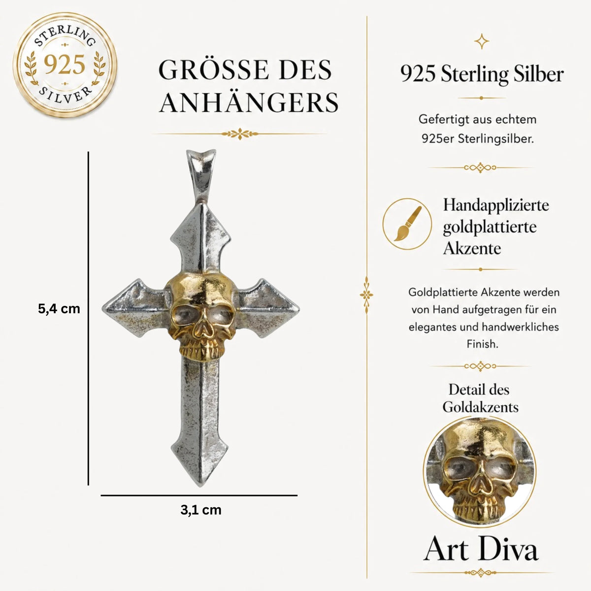 „Memento Mori“-Kreuzanhänger für Herren aus 925er Silber mit goldfarbenen Akzenten – Symbol für Stärke und Achtsamkeit, Skulpturenschmuck im Boho- und rustikalen Stil | Art Diva