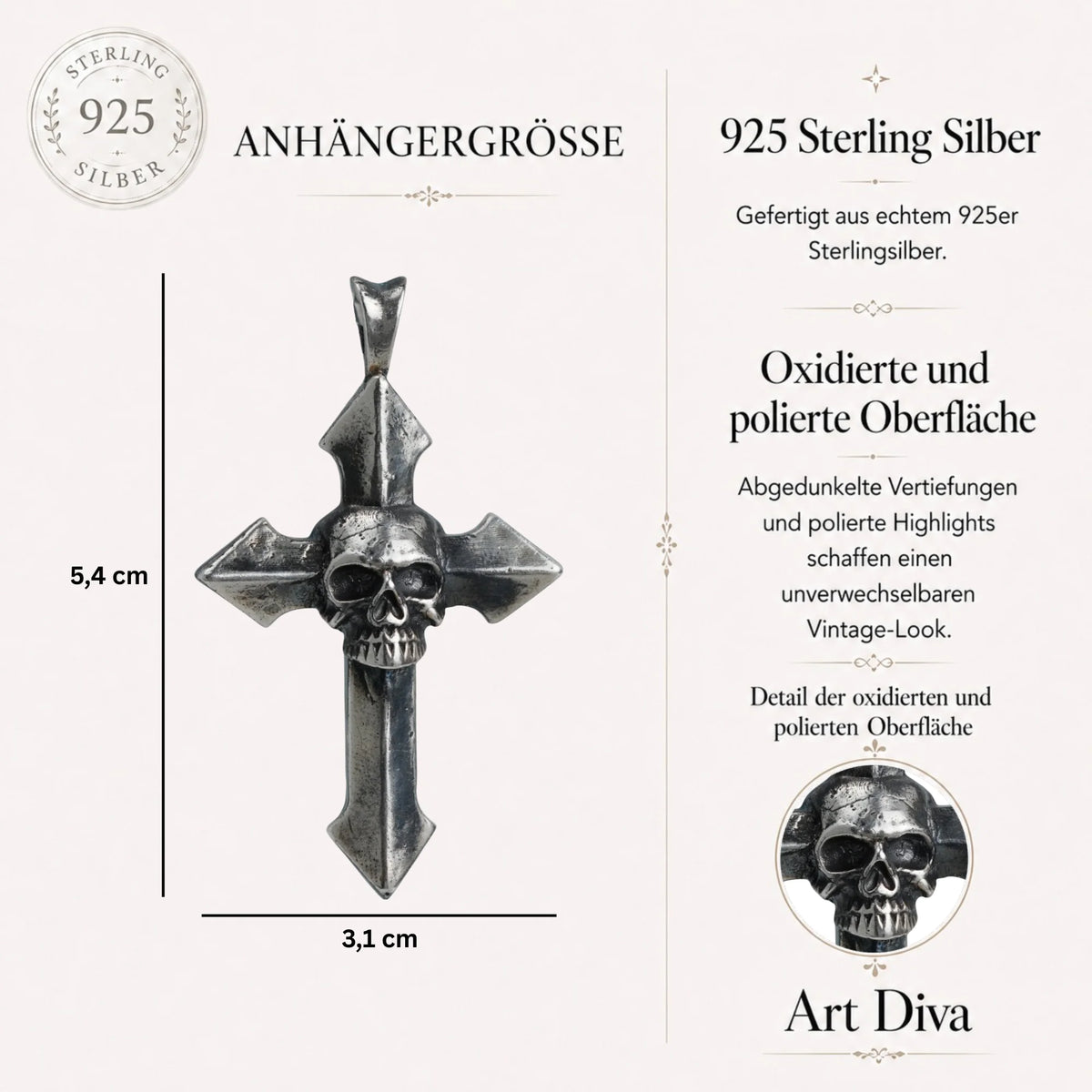 „Memento Mori“-Kreuzanhänger für Herren aus 925er Silber – Symbol für Tod und Ewigkeit | Art Diva