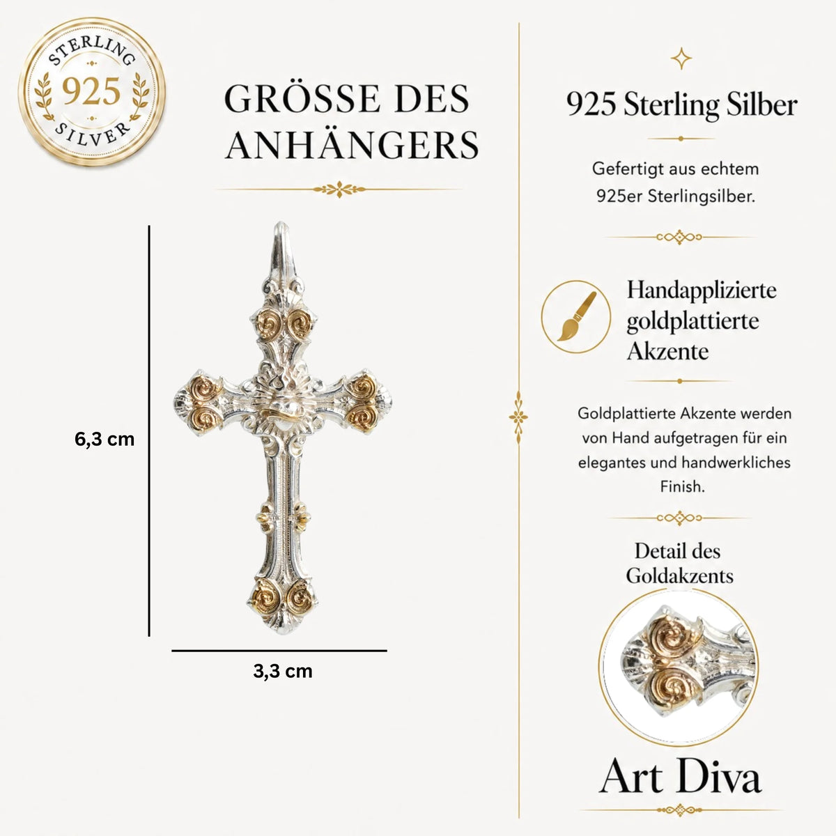 „Ornamentkreuz mit dem Heiligsten Herzen Jesu“-Anhänger aus 925er Silber mit goldfarbenen Akzenten – handgefertigter Skulpturenschmuck | Art Diva