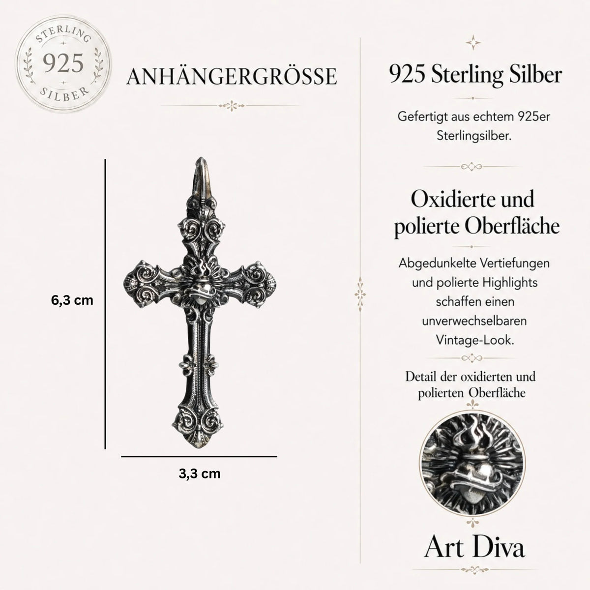 „Ornamentkreuz mit dem Heiligsten Herzen Jesu“-Anhänger aus 925er Silber – oxidierter Skulpturenschmuck | Art Diva