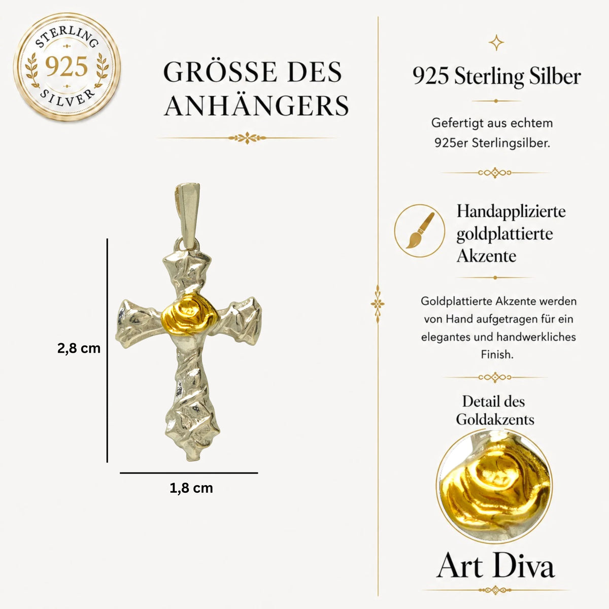 Kreuz-Anhänger mit Rose für Damen aus 925er Silber – kunstvolles Design | Art Diva